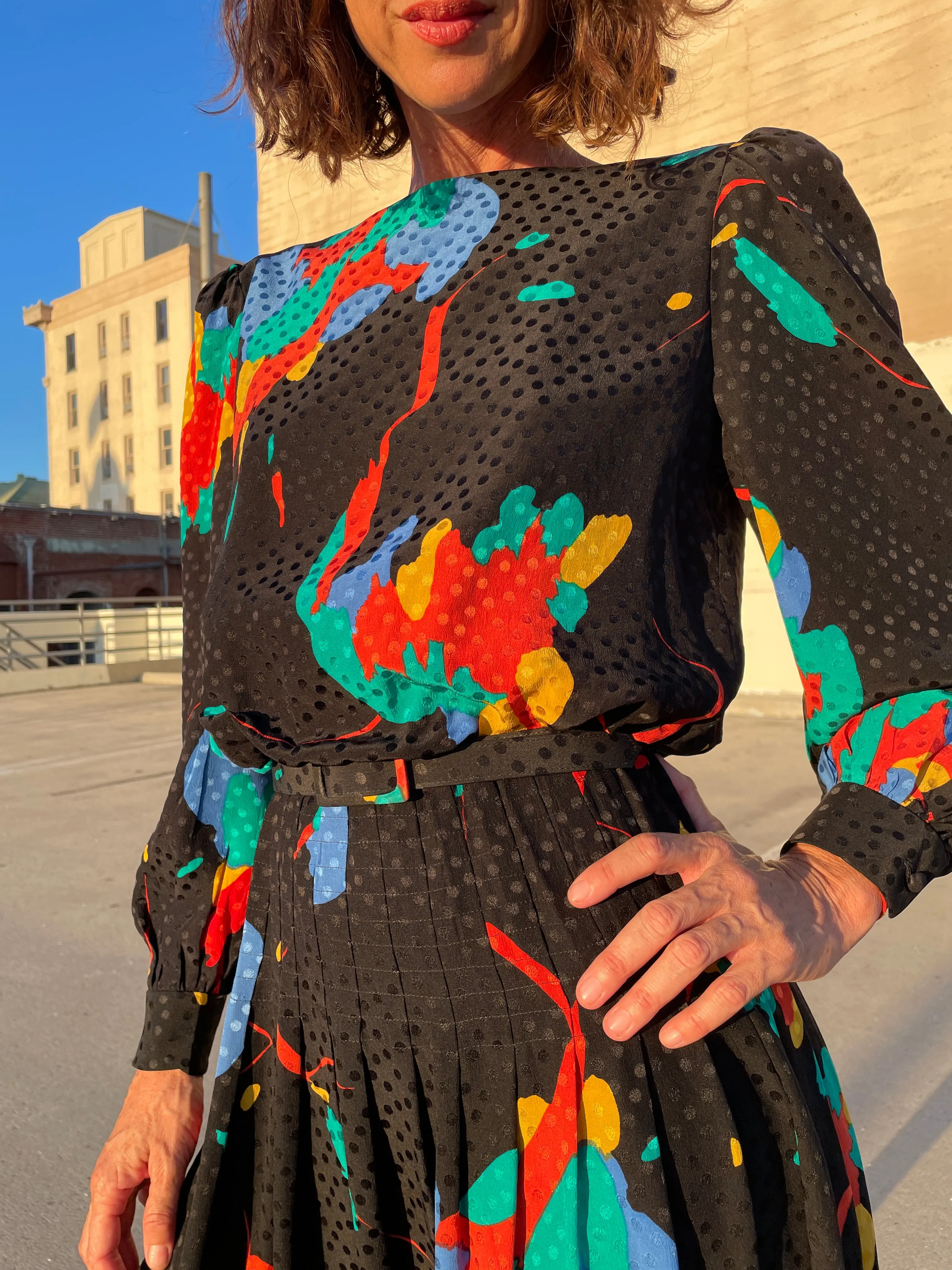 1980s Black Silk Colorful Abstract Print Polka Dot Belted Dress