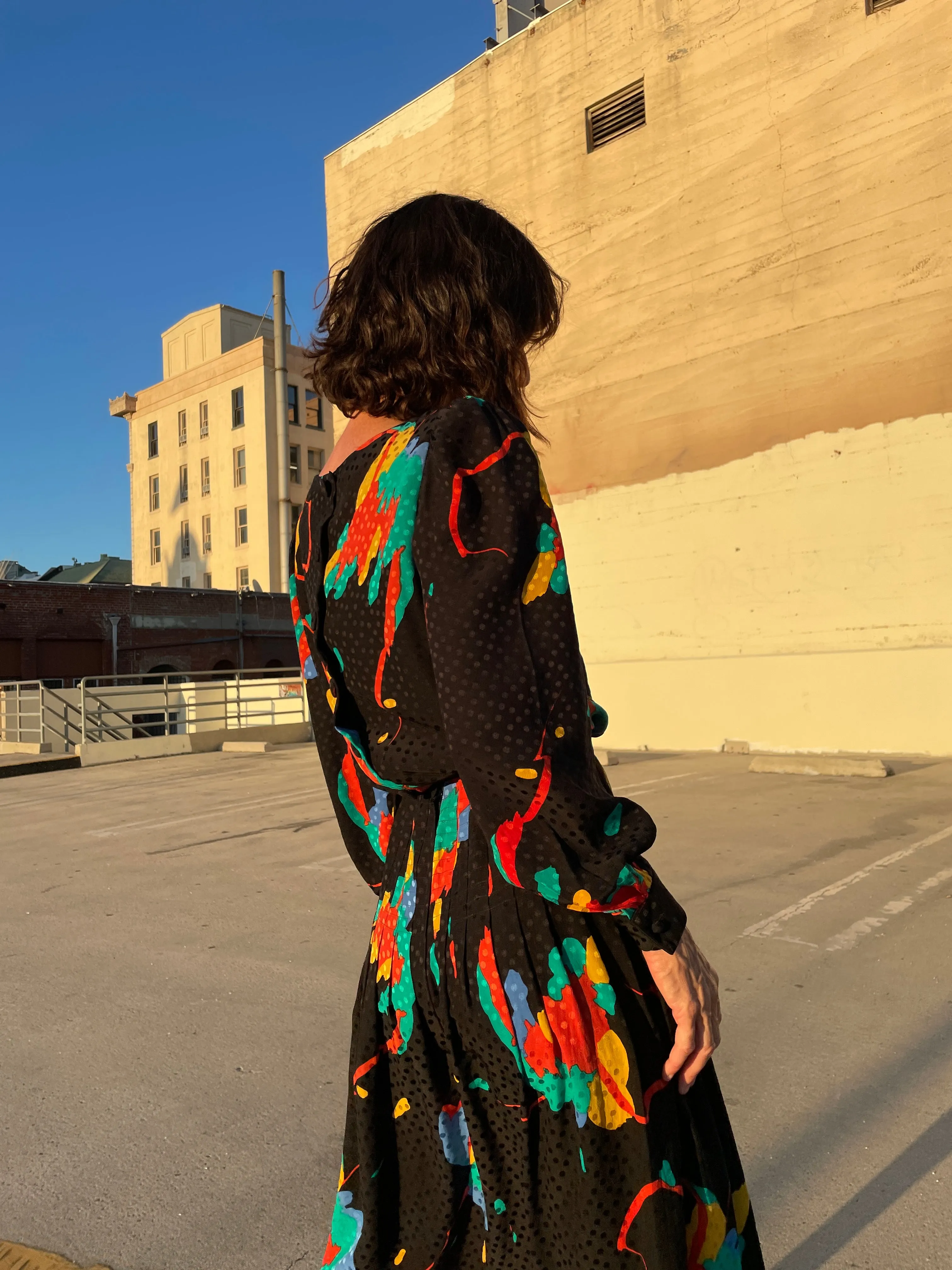 1980s Black Silk Colorful Abstract Print Polka Dot Belted Dress