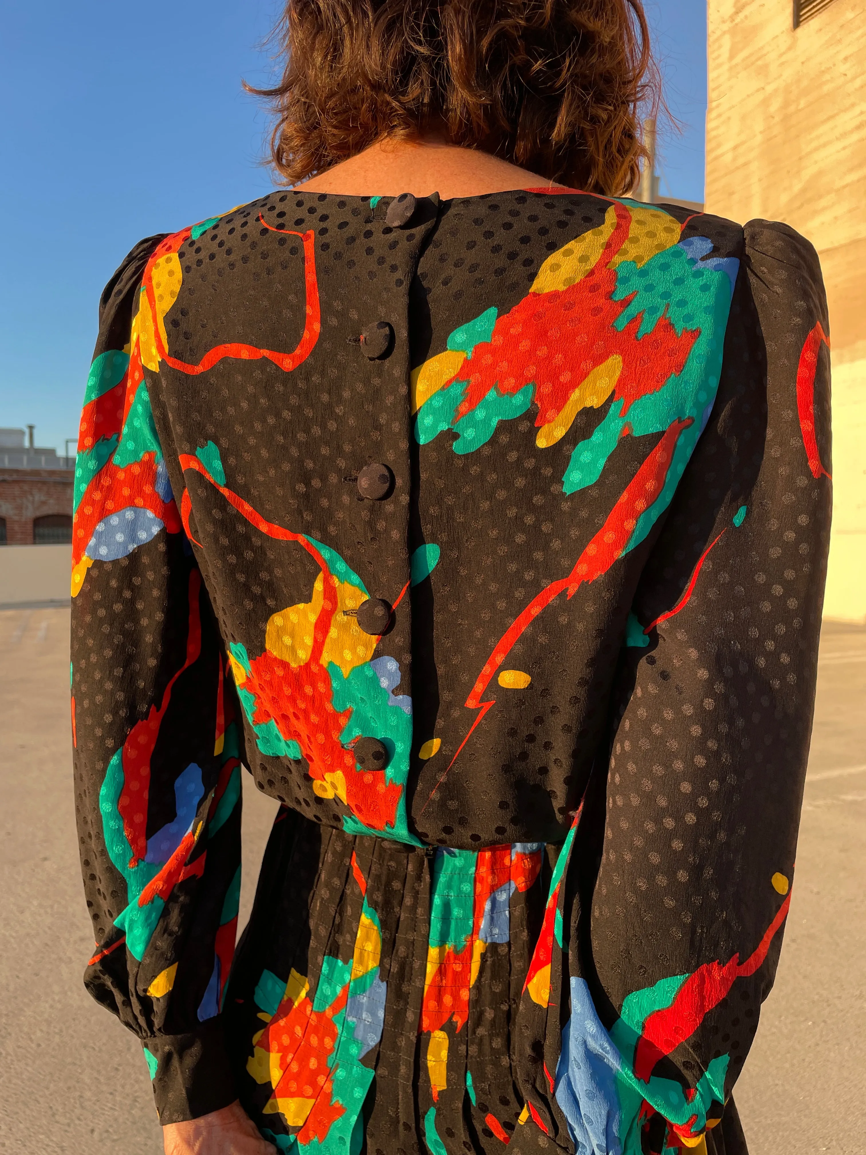 1980s Black Silk Colorful Abstract Print Polka Dot Belted Dress