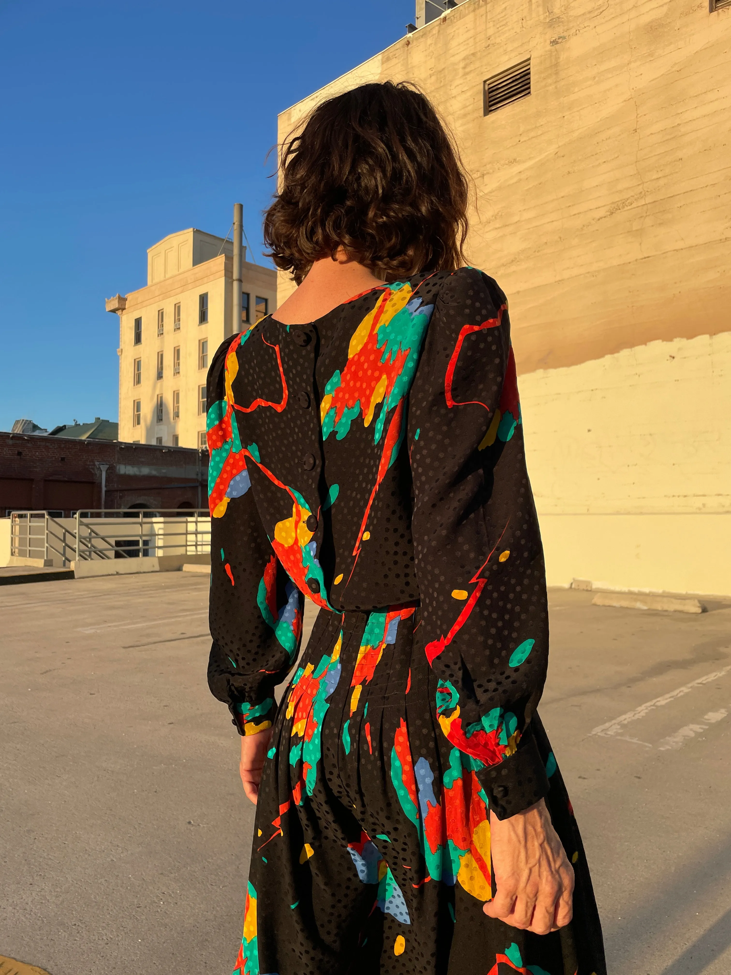 1980s Black Silk Colorful Abstract Print Polka Dot Belted Dress