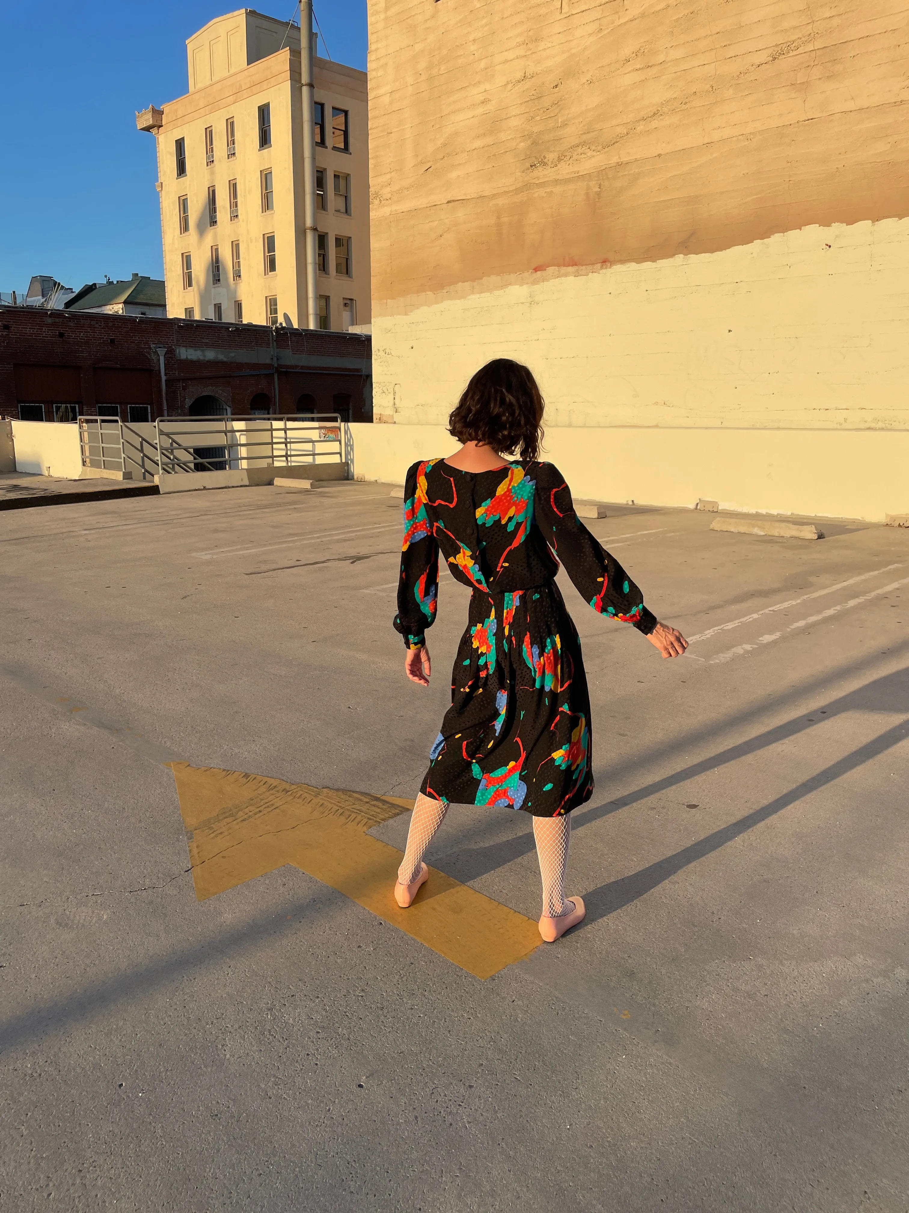 1980s Black Silk Colorful Abstract Print Polka Dot Belted Dress