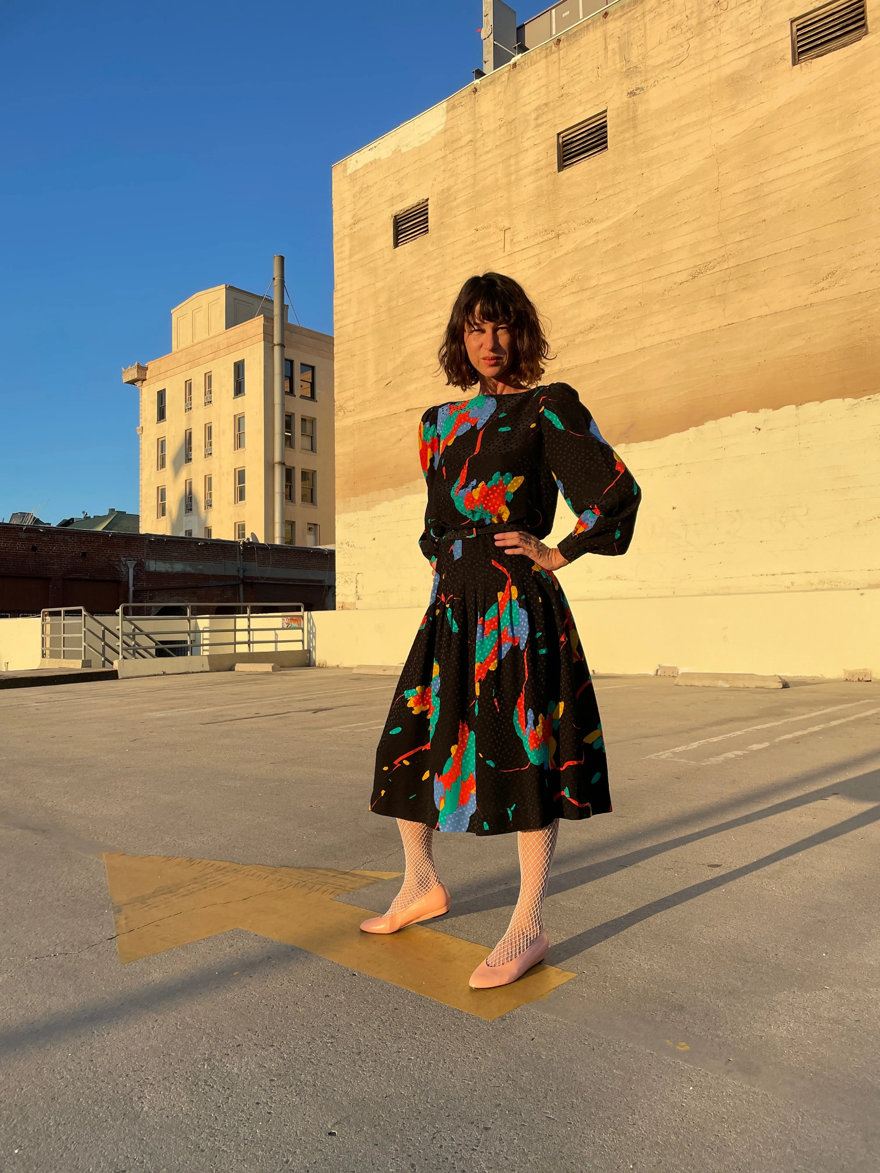 1980s Black Silk Colorful Abstract Print Polka Dot Belted Dress