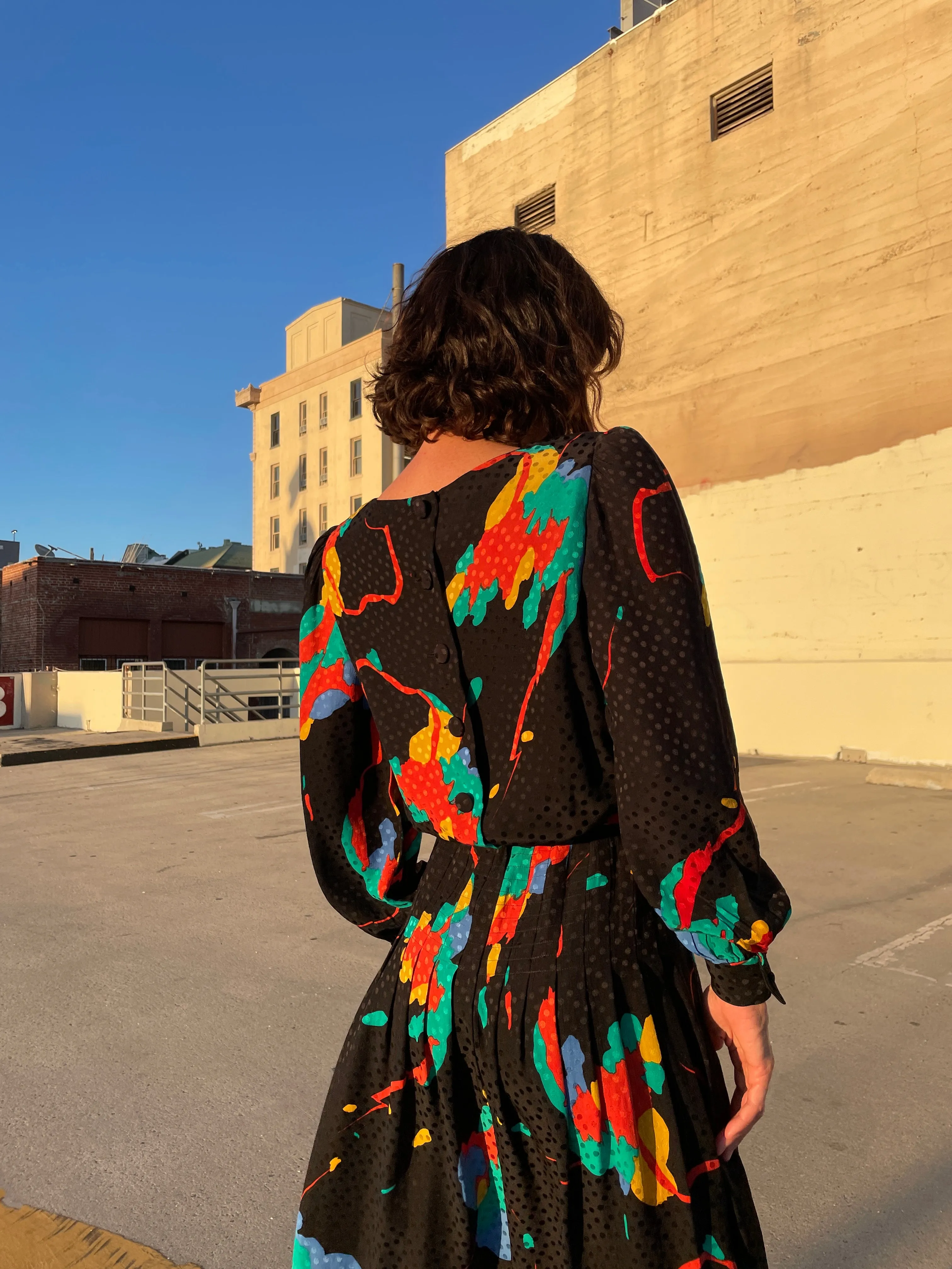1980s Black Silk Colorful Abstract Print Polka Dot Belted Dress