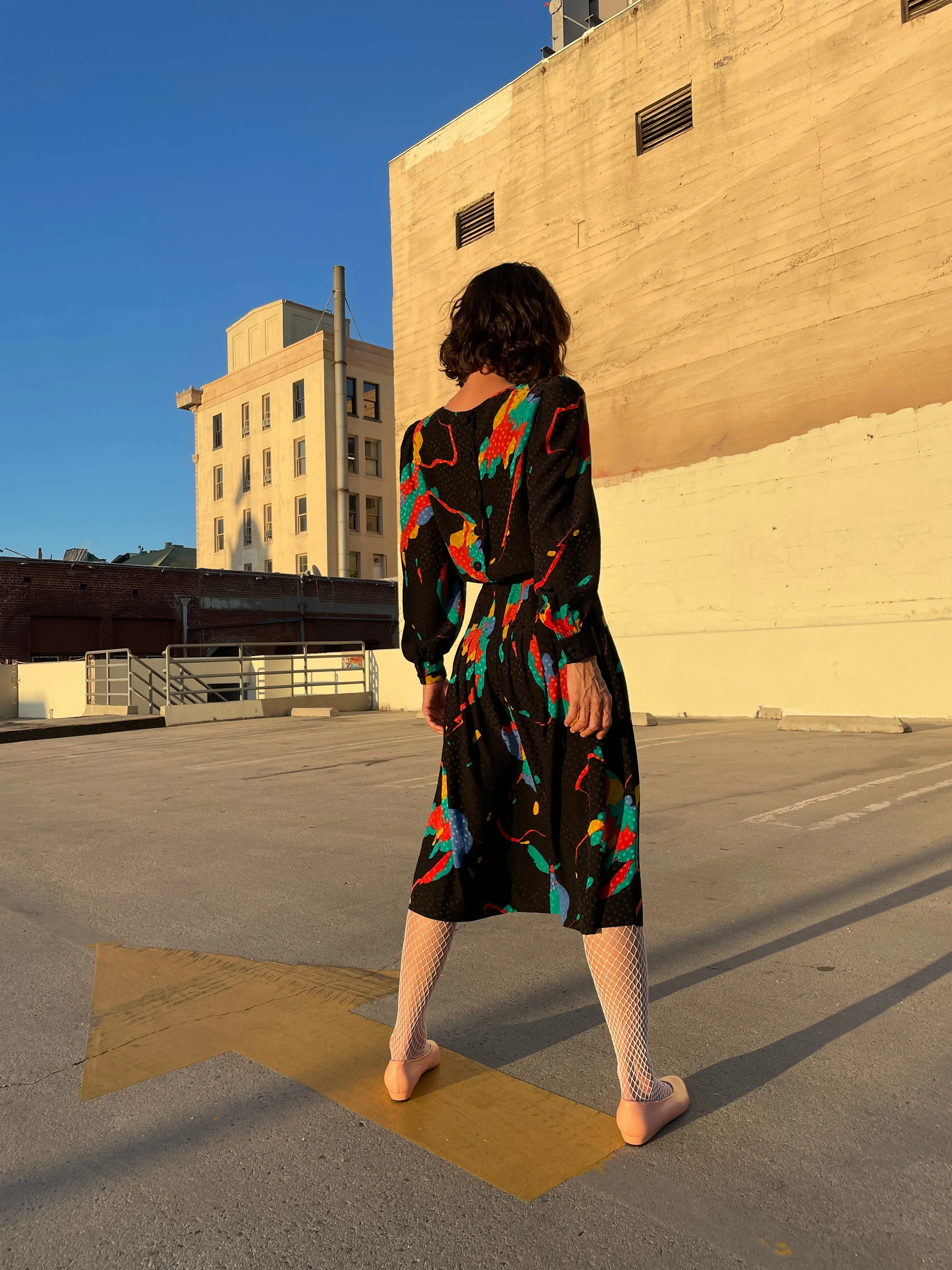 1980s Black Silk Colorful Abstract Print Polka Dot Belted Dress