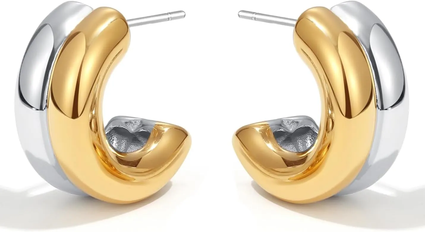 2-Tone Open Hoop Earrings for Women 18K Gold Plated Twisted/Watch Band/C-shaped/Flower Hoops Lightweight Hypoallergenic Jewelry