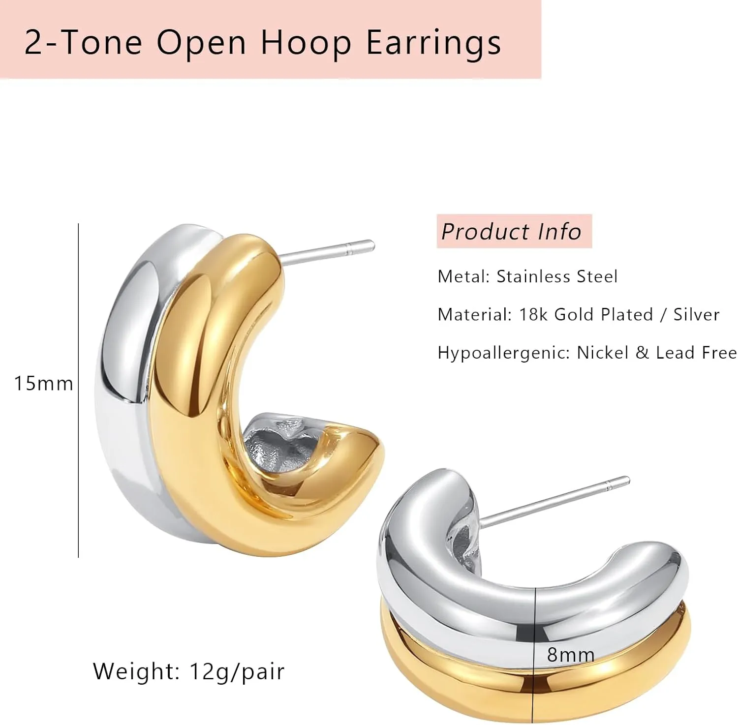 2-Tone Open Hoop Earrings for Women 18K Gold Plated Twisted/Watch Band/C-shaped/Flower Hoops Lightweight Hypoallergenic Jewelry
