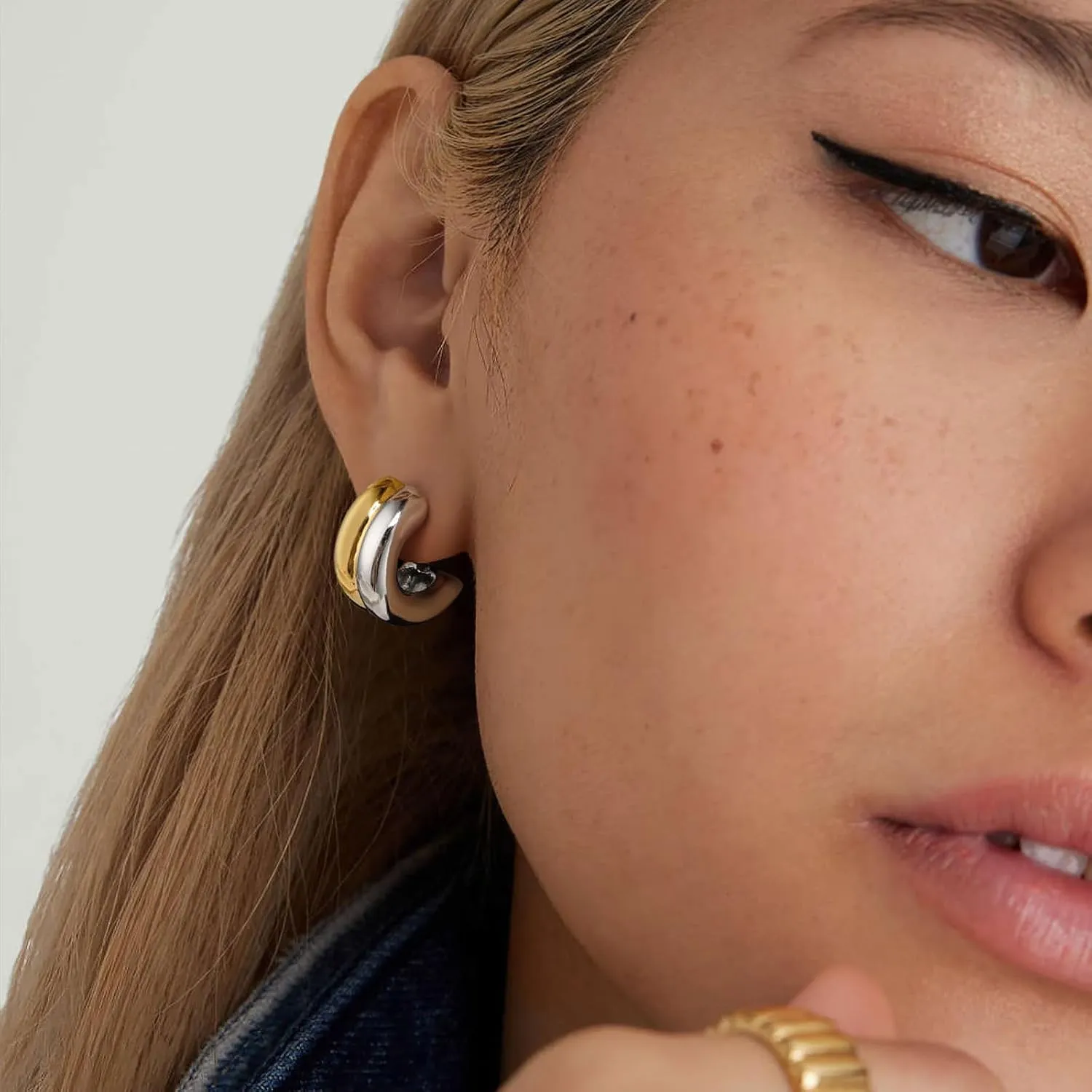 2-Tone Open Hoop Earrings for Women 18K Gold Plated Twisted/Watch Band/C-shaped/Flower Hoops Lightweight Hypoallergenic Jewelry