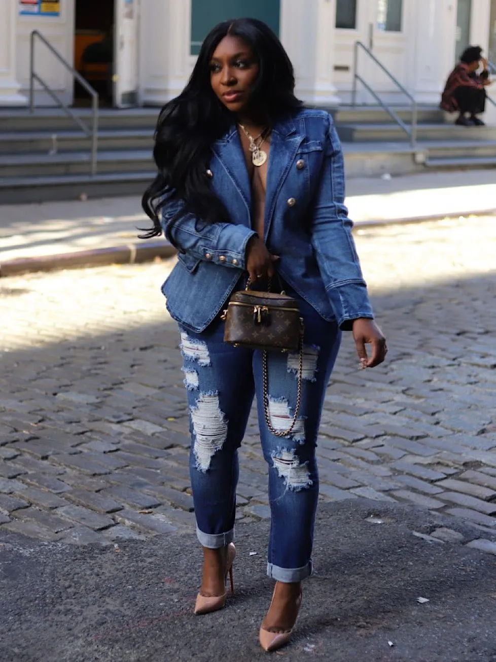 2023European and American Stars New Slim Double-Breasted Lion Button Denim Suit Jacket
