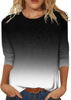 3/4 Length Sleeve Womens Tops 2024 Floral Print Vintage Fashion Casual Loose with Round Neck Plus Size Shirts
