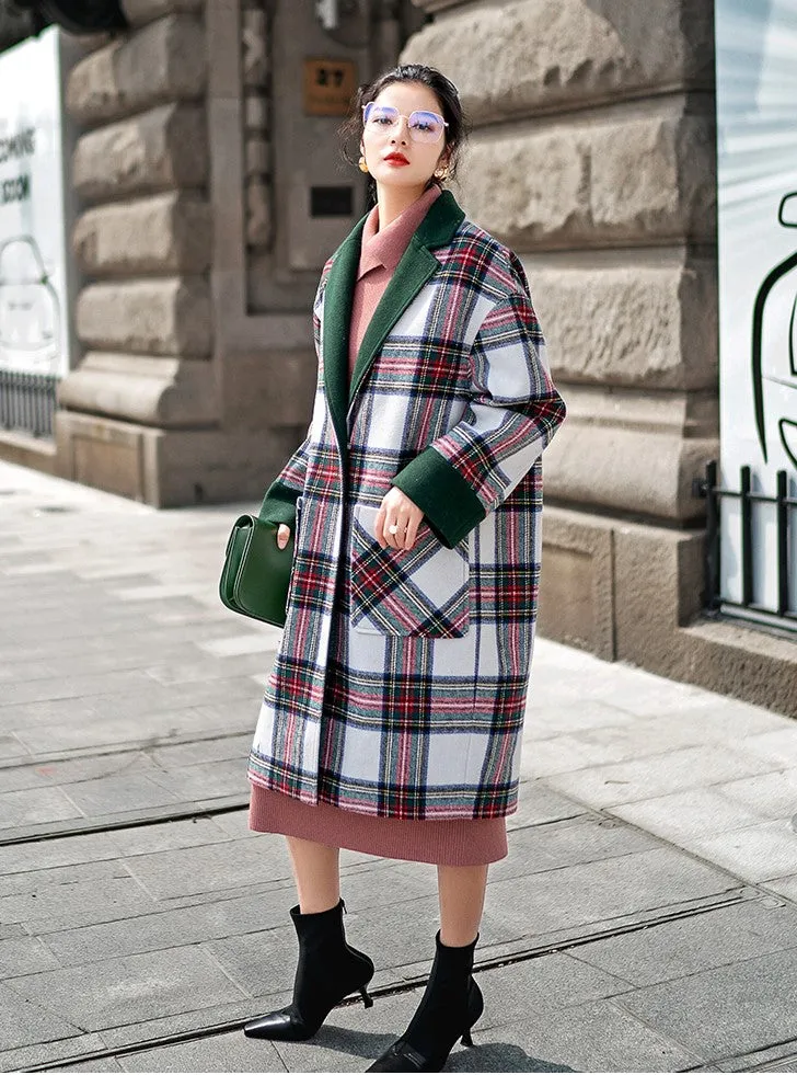 8GIRLS LONGLINE WOOL COAT IN GREEN CHECK