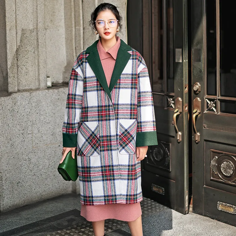 8GIRLS LONGLINE WOOL COAT IN GREEN CHECK