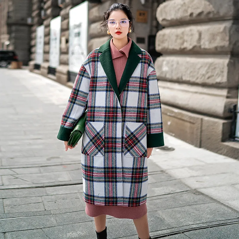 8GIRLS LONGLINE WOOL COAT IN GREEN CHECK