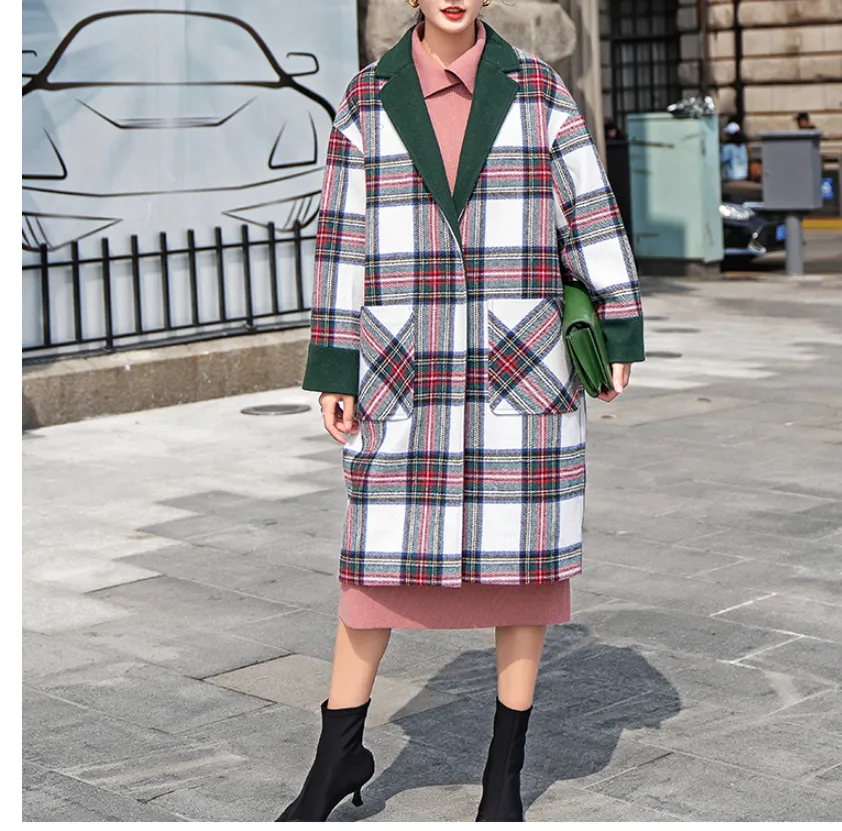 8GIRLS LONGLINE WOOL COAT IN GREEN CHECK