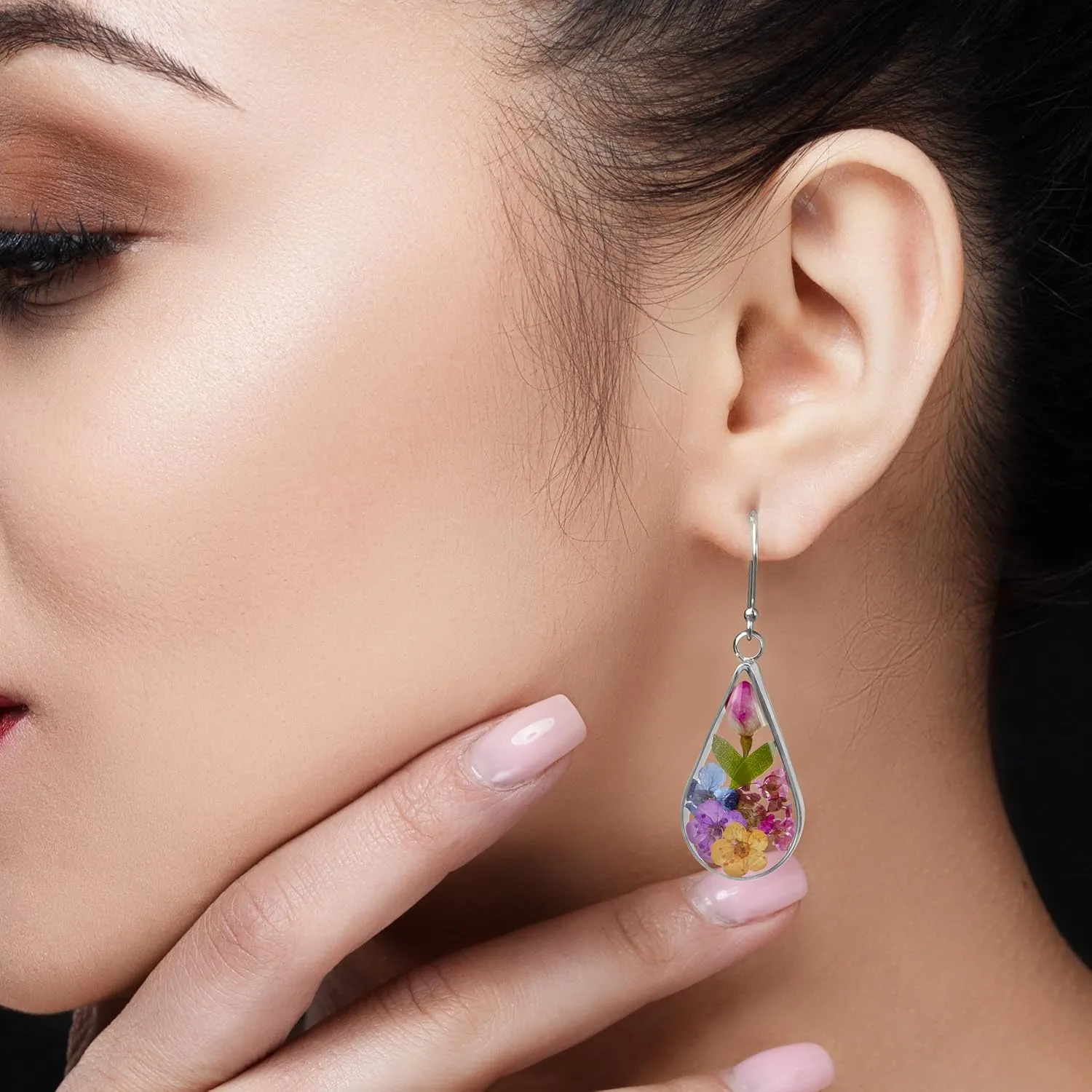 925 Sterling Silver Pressed Flower Teardrop Earrings,Hypoallergenic Women's Jewelry Gift for Mom and Wife,Handmade Natural Dried Flower Teardrop Earrings Jewelry Gift