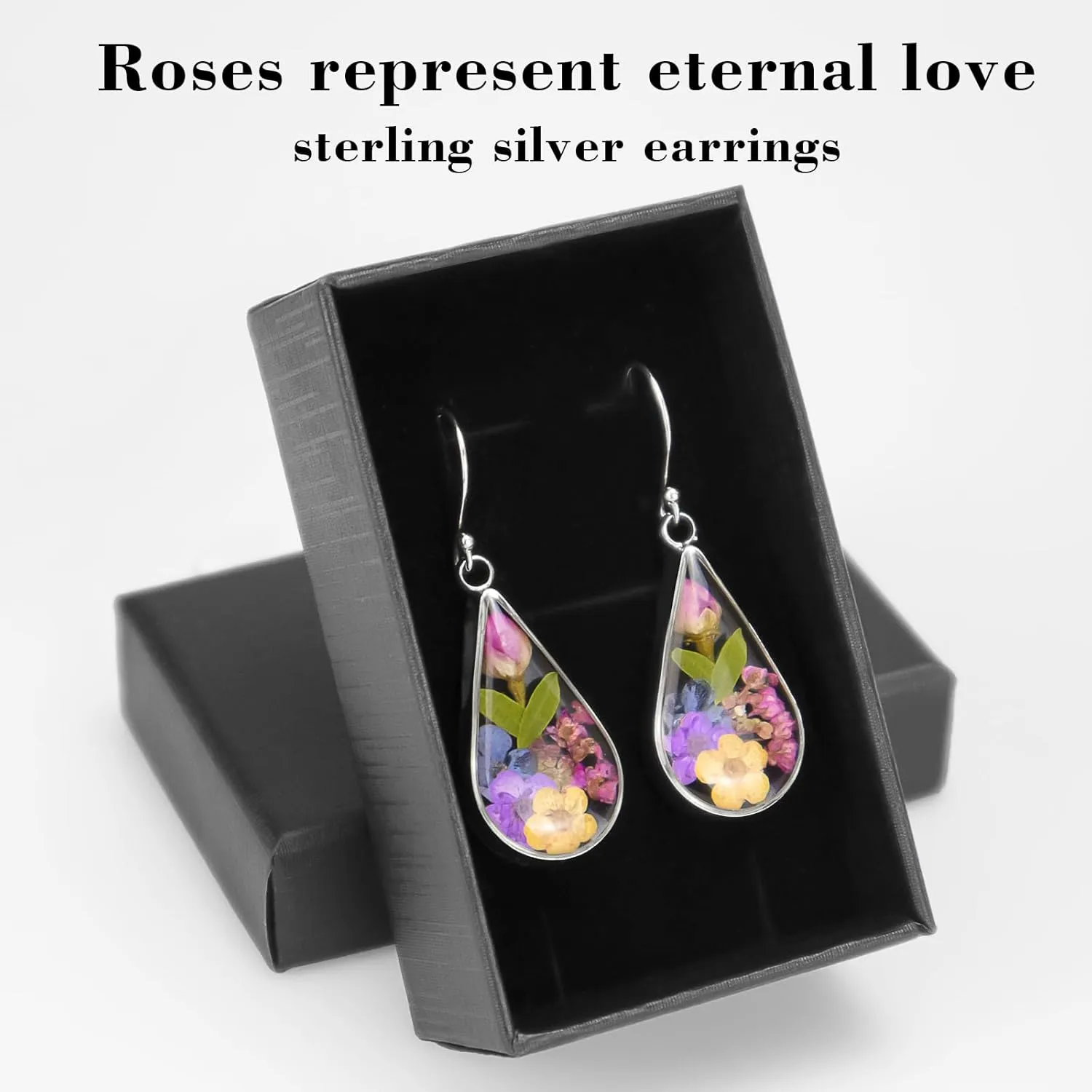 925 Sterling Silver Pressed Flower Teardrop Earrings,Hypoallergenic Women's Jewelry Gift for Mom and Wife,Handmade Natural Dried Flower Teardrop Earrings Jewelry Gift