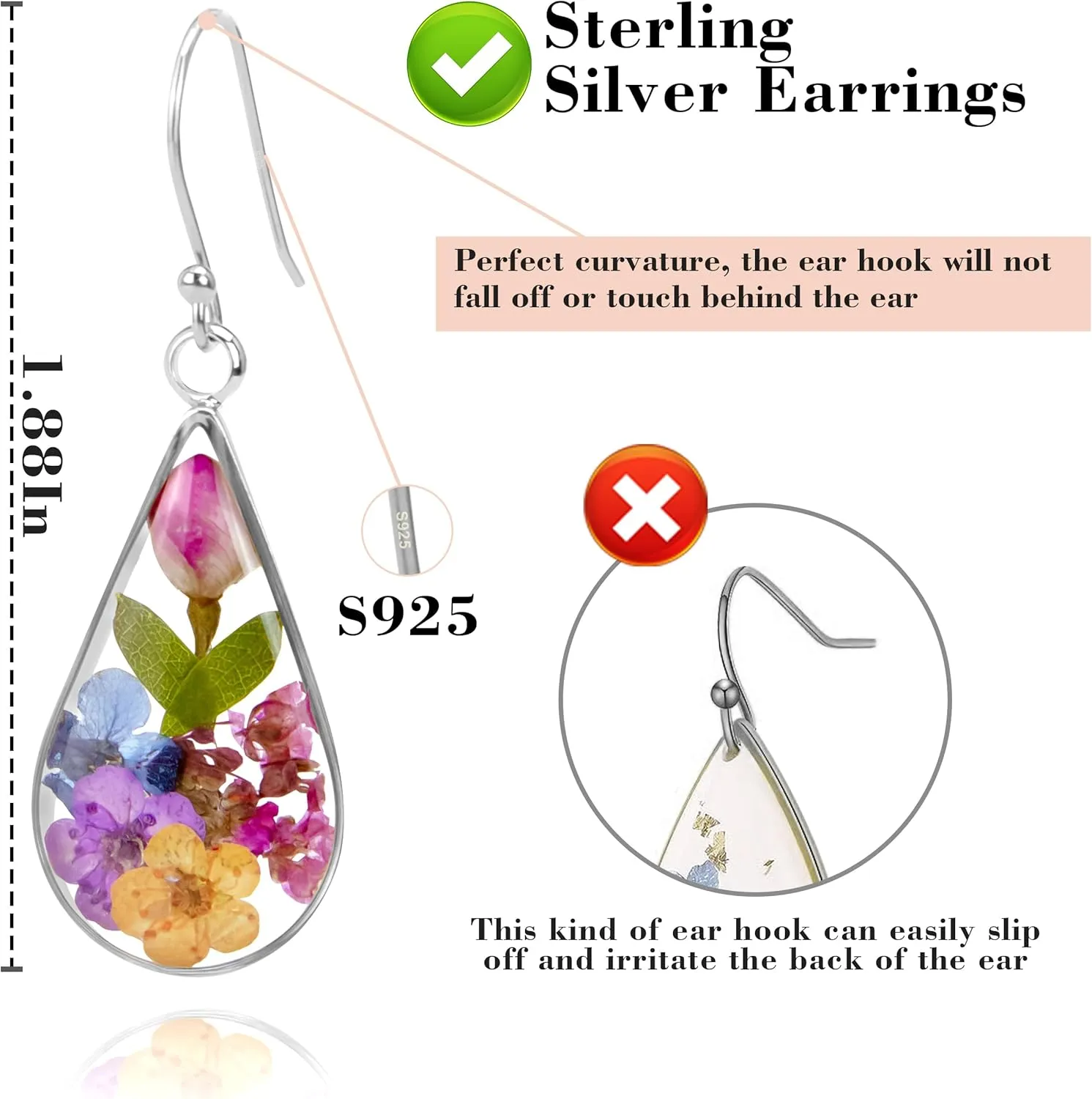 925 Sterling Silver Pressed Flower Teardrop Earrings,Hypoallergenic Women's Jewelry Gift for Mom and Wife,Handmade Natural Dried Flower Teardrop Earrings Jewelry Gift
