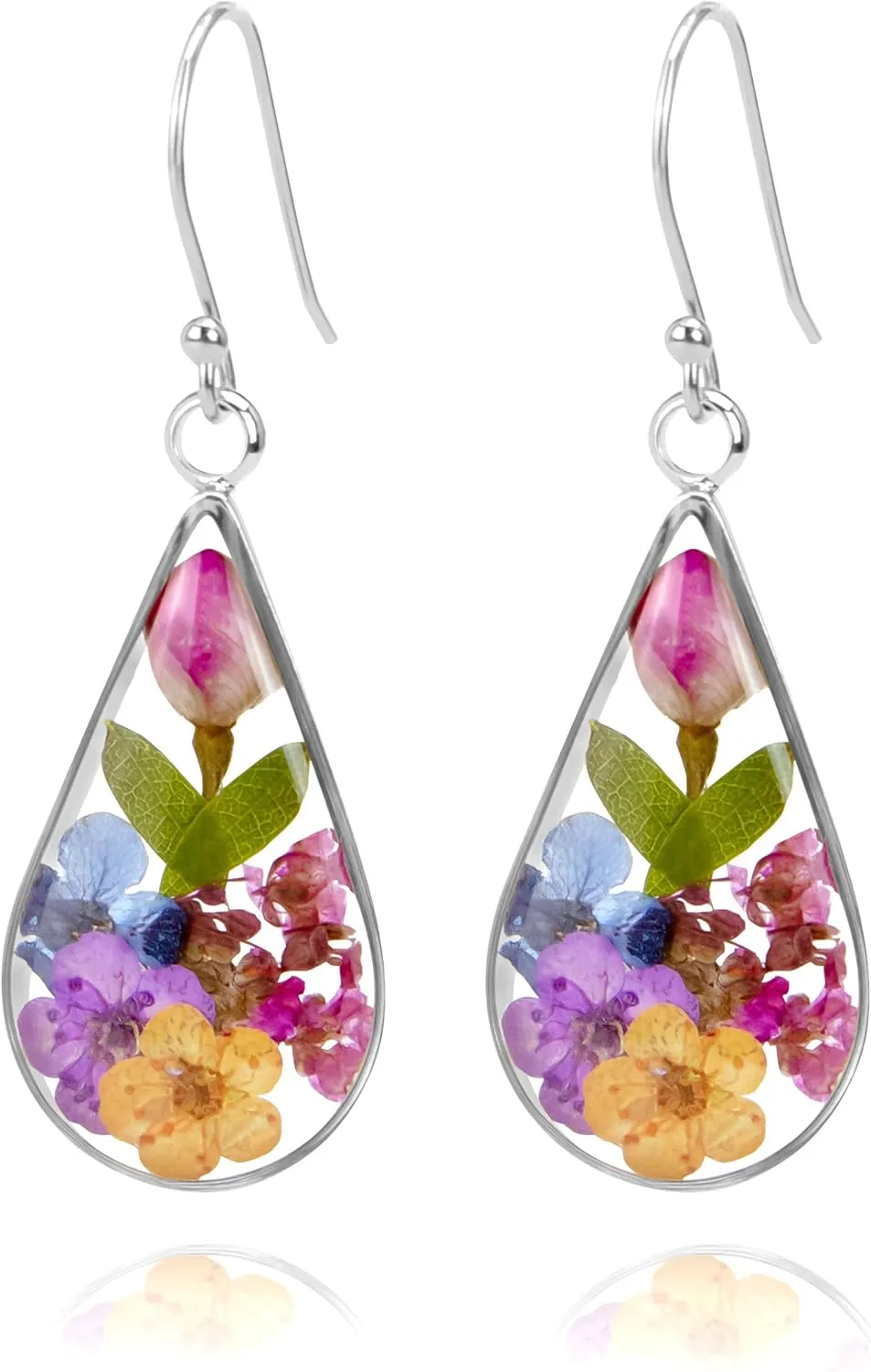 925 Sterling Silver Pressed Flower Teardrop Earrings,Hypoallergenic Women's Jewelry Gift for Mom and Wife,Handmade Natural Dried Flower Teardrop Earrings Jewelry Gift