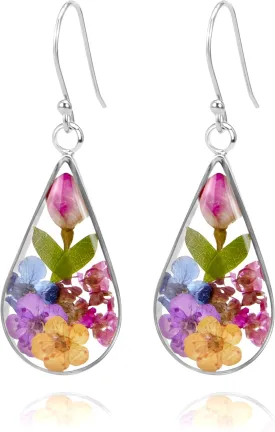 925 Sterling Silver Pressed Flower Teardrop Earrings,Hypoallergenic Women's Jewelry Gift for Mom and Wife,Handmade Natural Dried Flower Teardrop Earrings Jewelry Gift