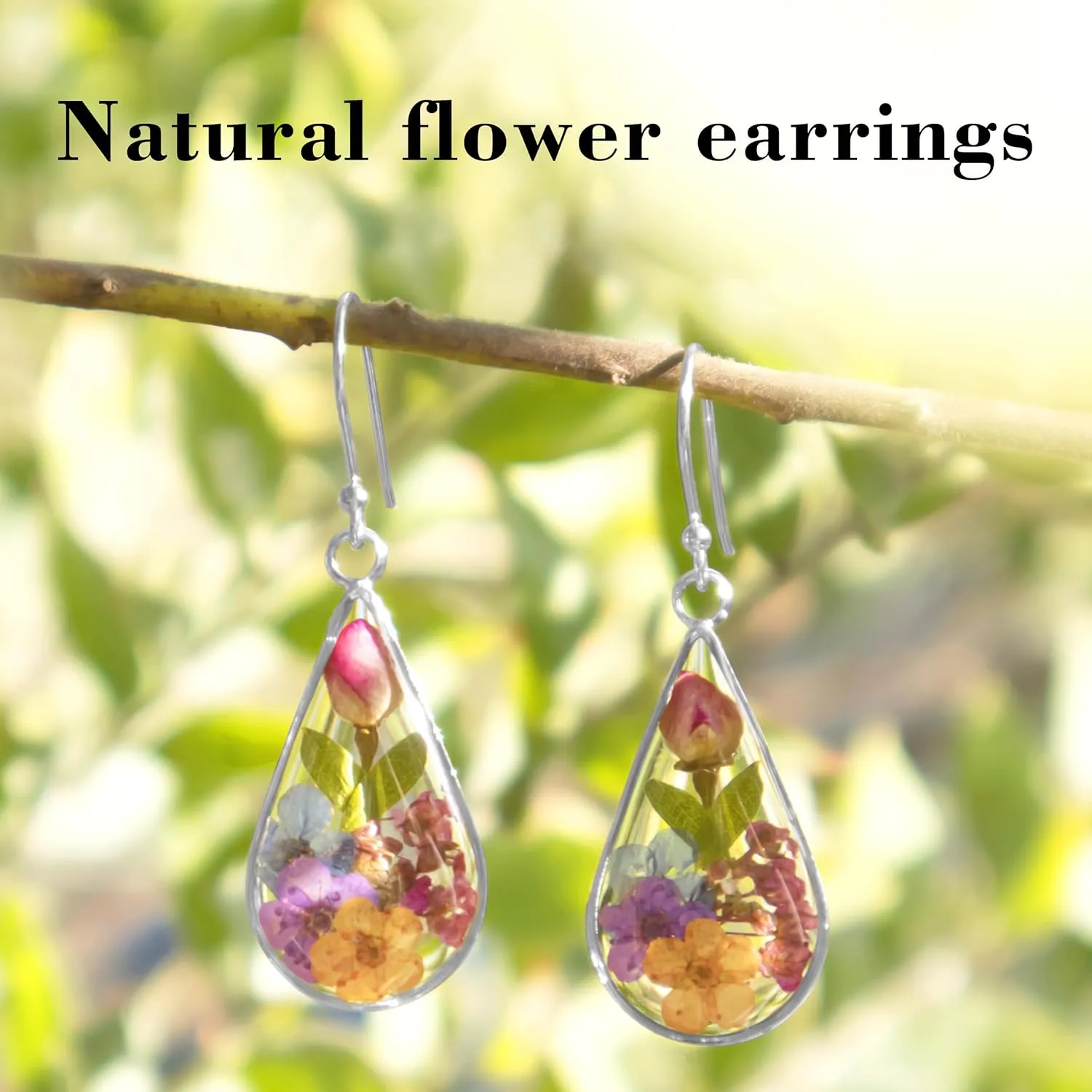 925 Sterling Silver Pressed Flower Teardrop Earrings,Hypoallergenic Women's Jewelry Gift for Mom and Wife,Handmade Natural Dried Flower Teardrop Earrings Jewelry Gift
