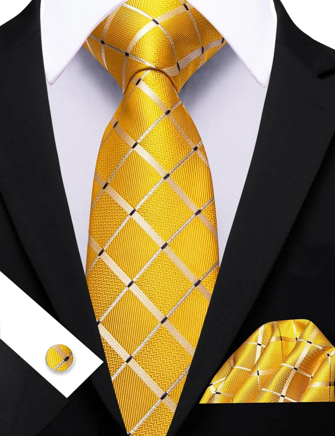 Barry.Wang Tie Sets Man Silk Solid Plaid Skinny Extra Long Necktie Collar Pin Pocket Square Cufflinks Business Wedding
