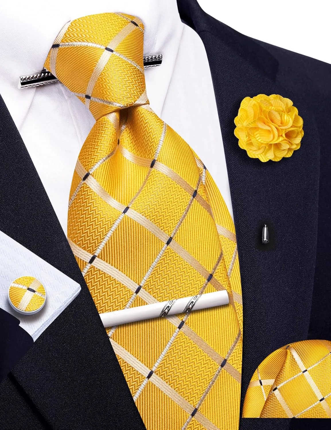 Barry.Wang Tie Sets Man Silk Solid Plaid Skinny Extra Long Necktie Collar Pin Pocket Square Cufflinks Business Wedding