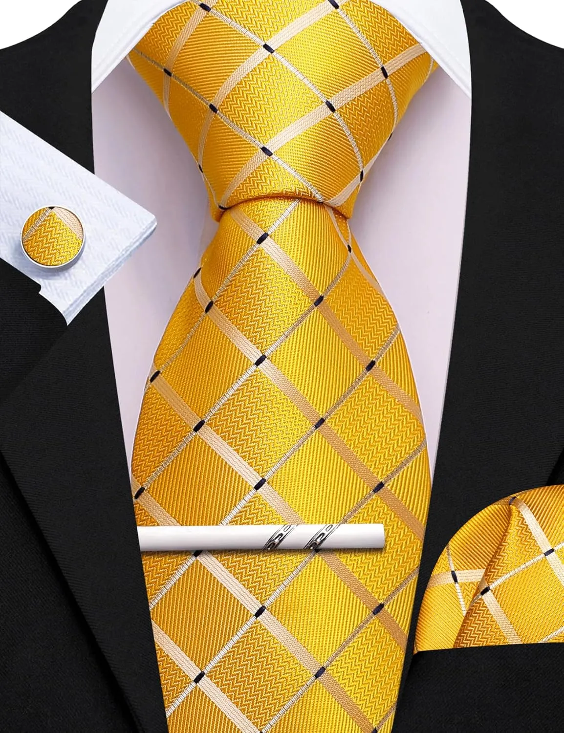 Barry.Wang Tie Sets Man Silk Solid Plaid Skinny Extra Long Necktie Collar Pin Pocket Square Cufflinks Business Wedding