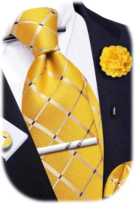 Barry.Wang Tie Sets Man Silk Solid Plaid Skinny Extra Long Necktie Collar Pin Pocket Square Cufflinks Business Wedding