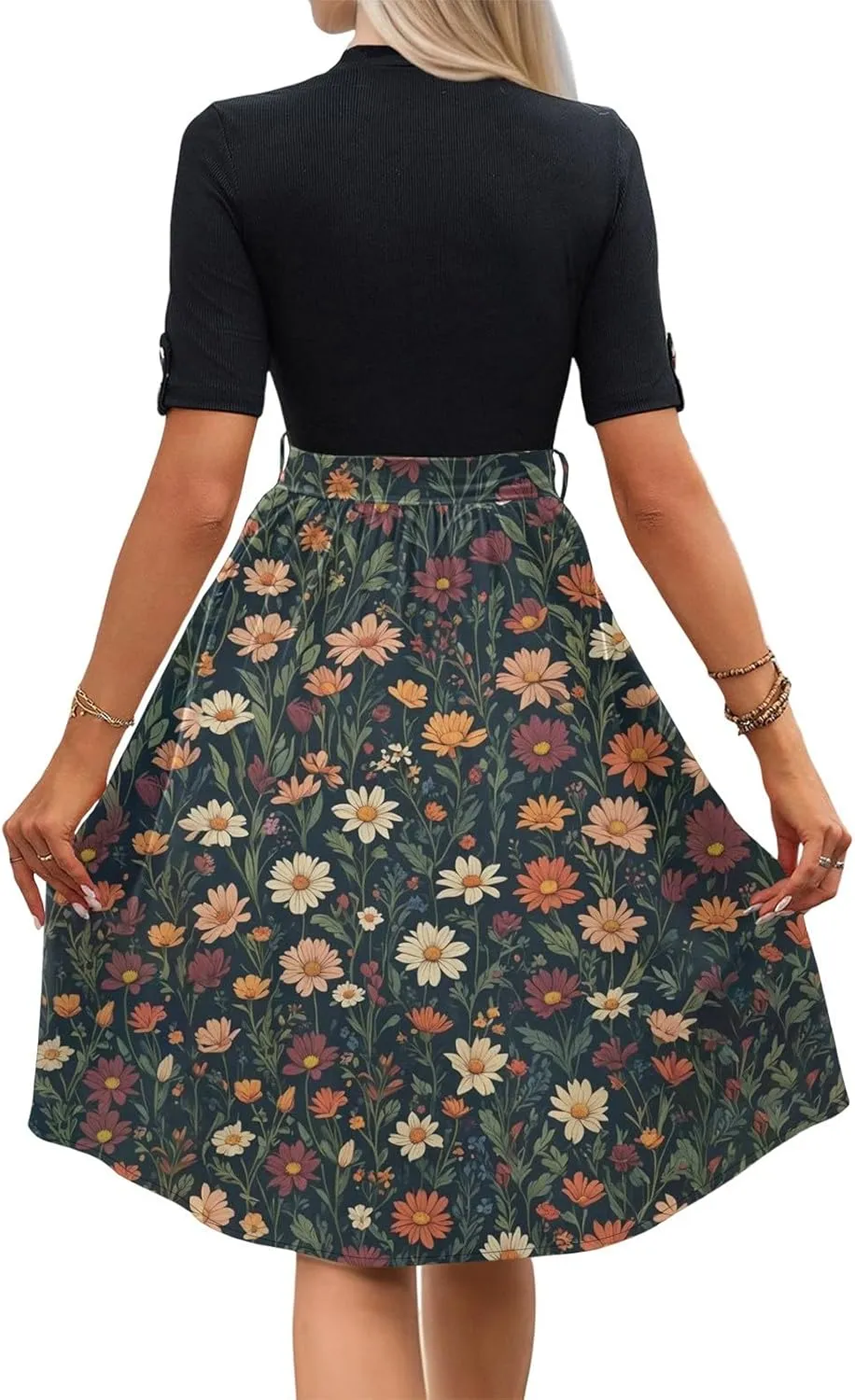 Belted Waist 2025 Women's Floral Dress Short Sleeve Round Neck Casual Chic Sundress with Pockets