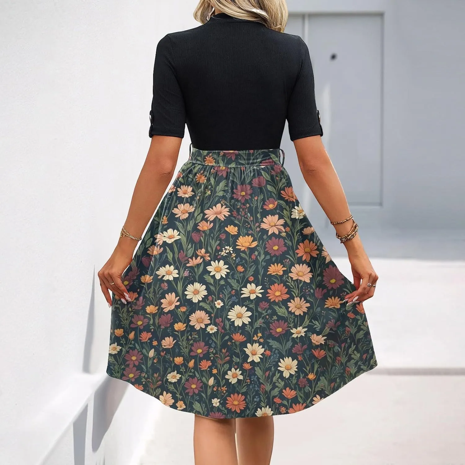 Belted Waist 2025 Women's Floral Dress Short Sleeve Round Neck Casual Chic Sundress with Pockets