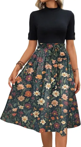 Belted Waist 2025 Women's Floral Dress Short Sleeve Round Neck Casual Chic Sundress with Pockets