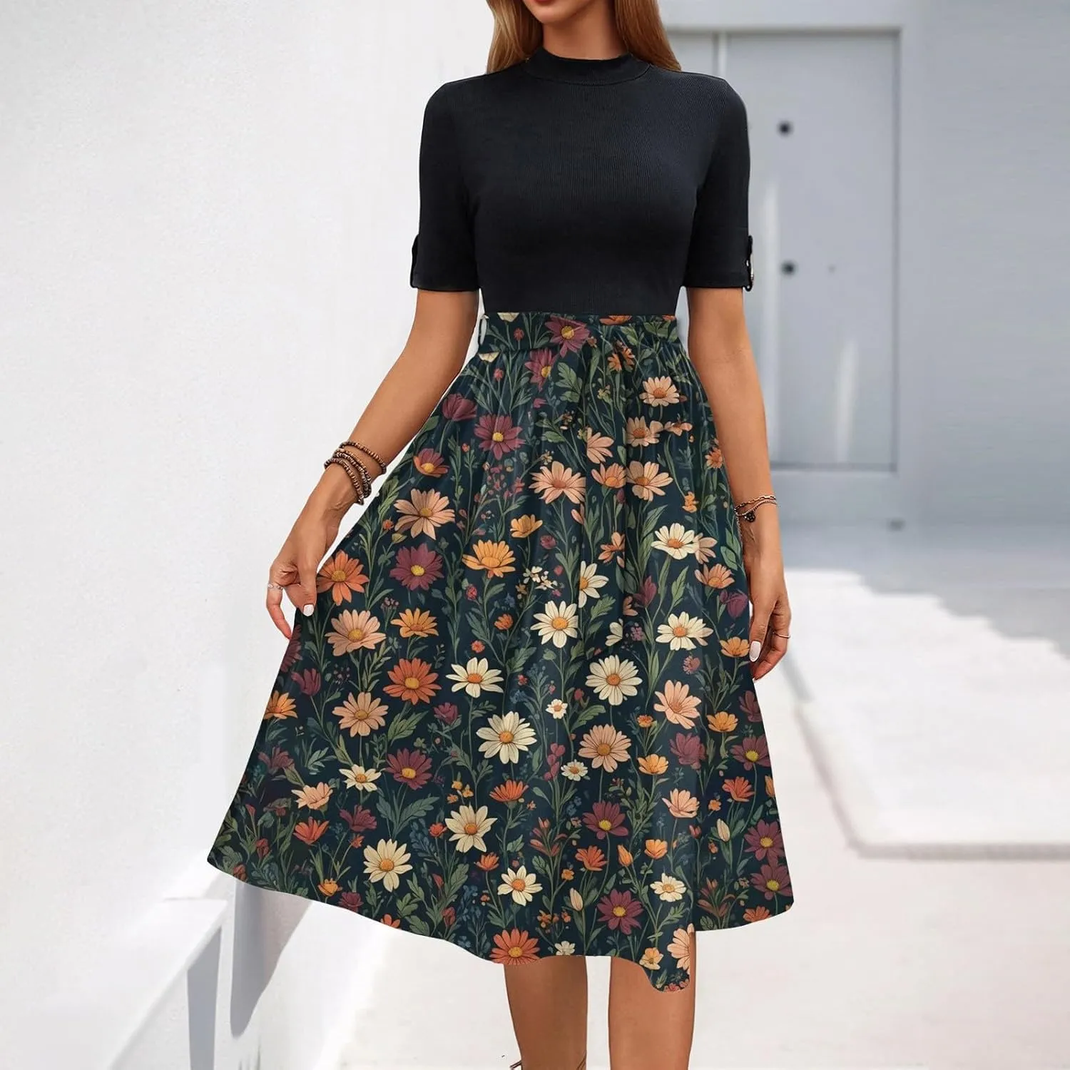 Belted Waist 2025 Women's Floral Dress Short Sleeve Round Neck Casual Chic Sundress with Pockets