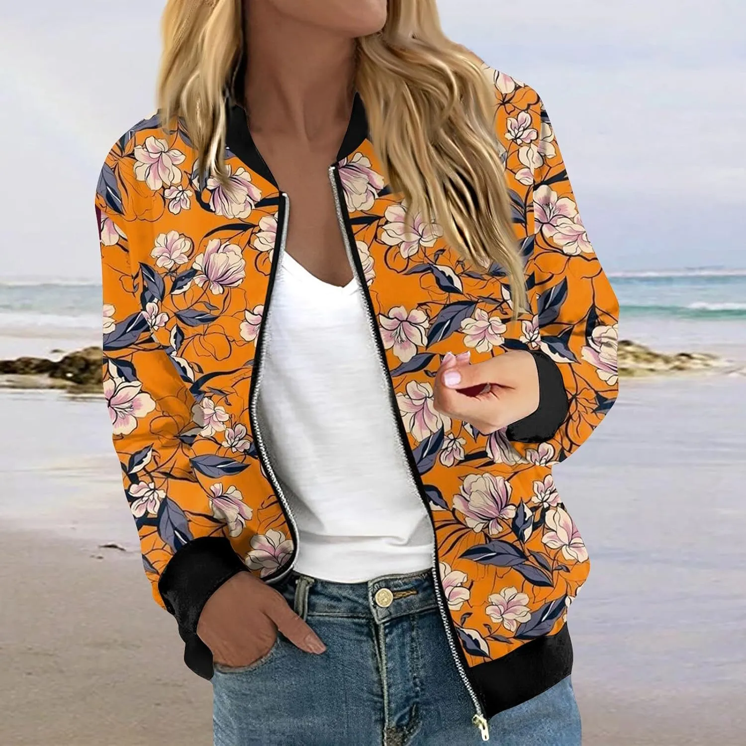 Bomber Jacket Gifts for Women Fashion Floral Pattern Coat Lightweight Zip Up Outwears Fall Winter Heated Jacket