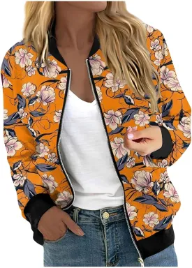 Bomber Jacket Gifts for Women Fashion Floral Pattern Coat Lightweight Zip Up Outwears Fall Winter Heated Jacket