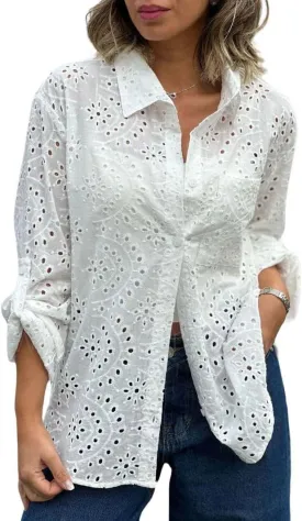 chouyatou Women's Crochet Eyelet Button Down Rolled Up Long Sleeve Boho Shirt Blouse Tops