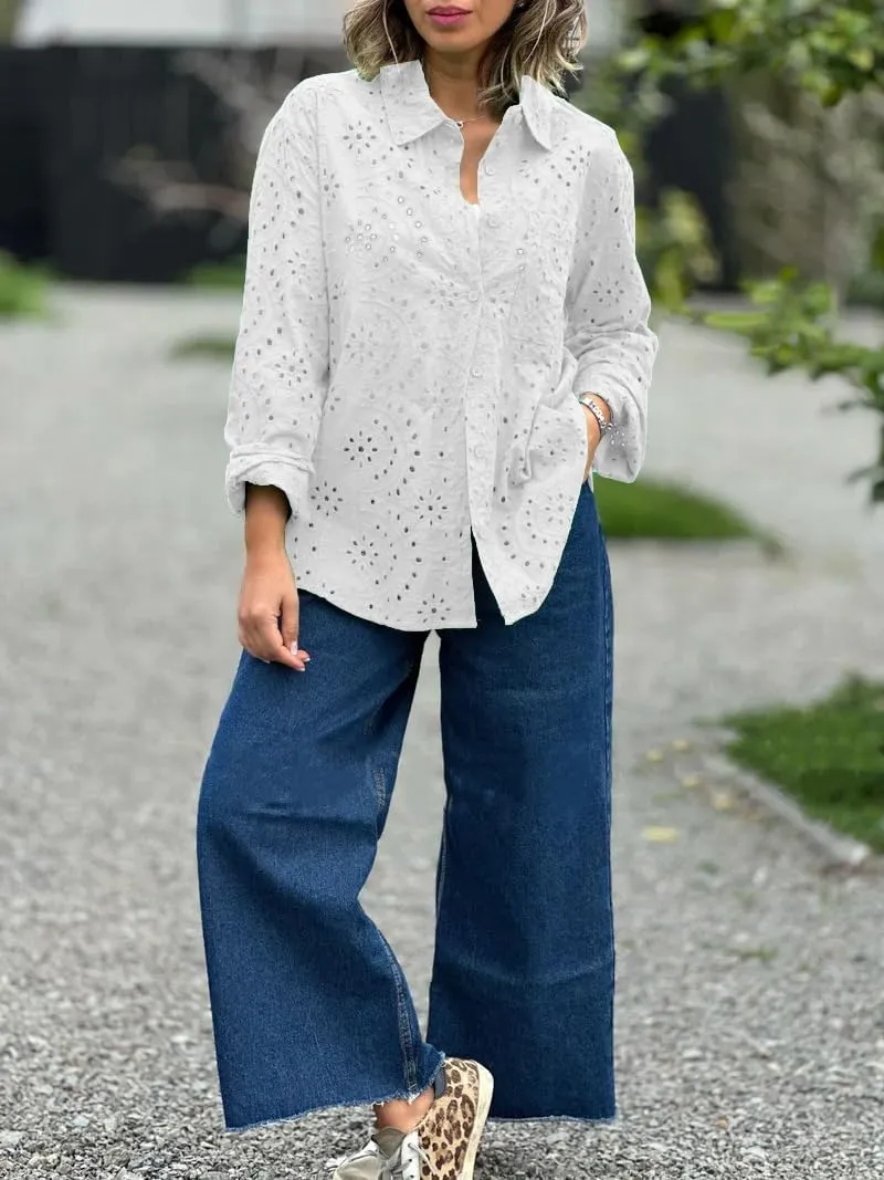 chouyatou Women's Crochet Eyelet Button Down Rolled Up Long Sleeve Boho Shirt Blouse Tops