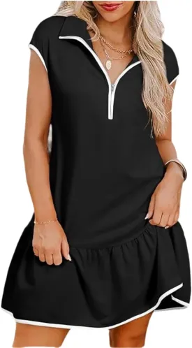 Chvity Women Dresses Fashion Colorblock Casual Cap Sleeve Half Zip Mini Dress with Pockets