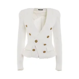 Collarless 6 Button Tweed Jacket in White