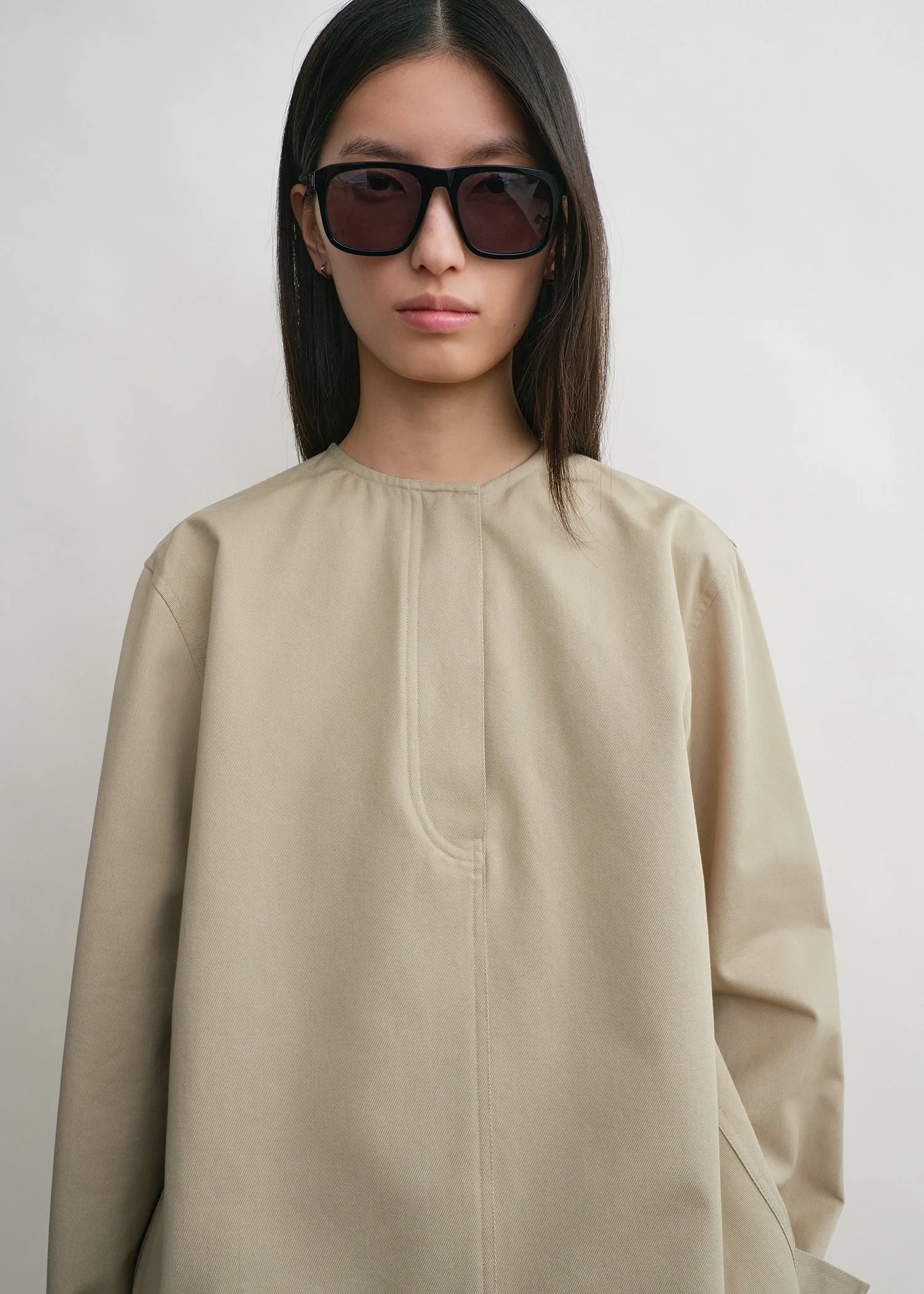 Collarless cotton-twill shirt desert