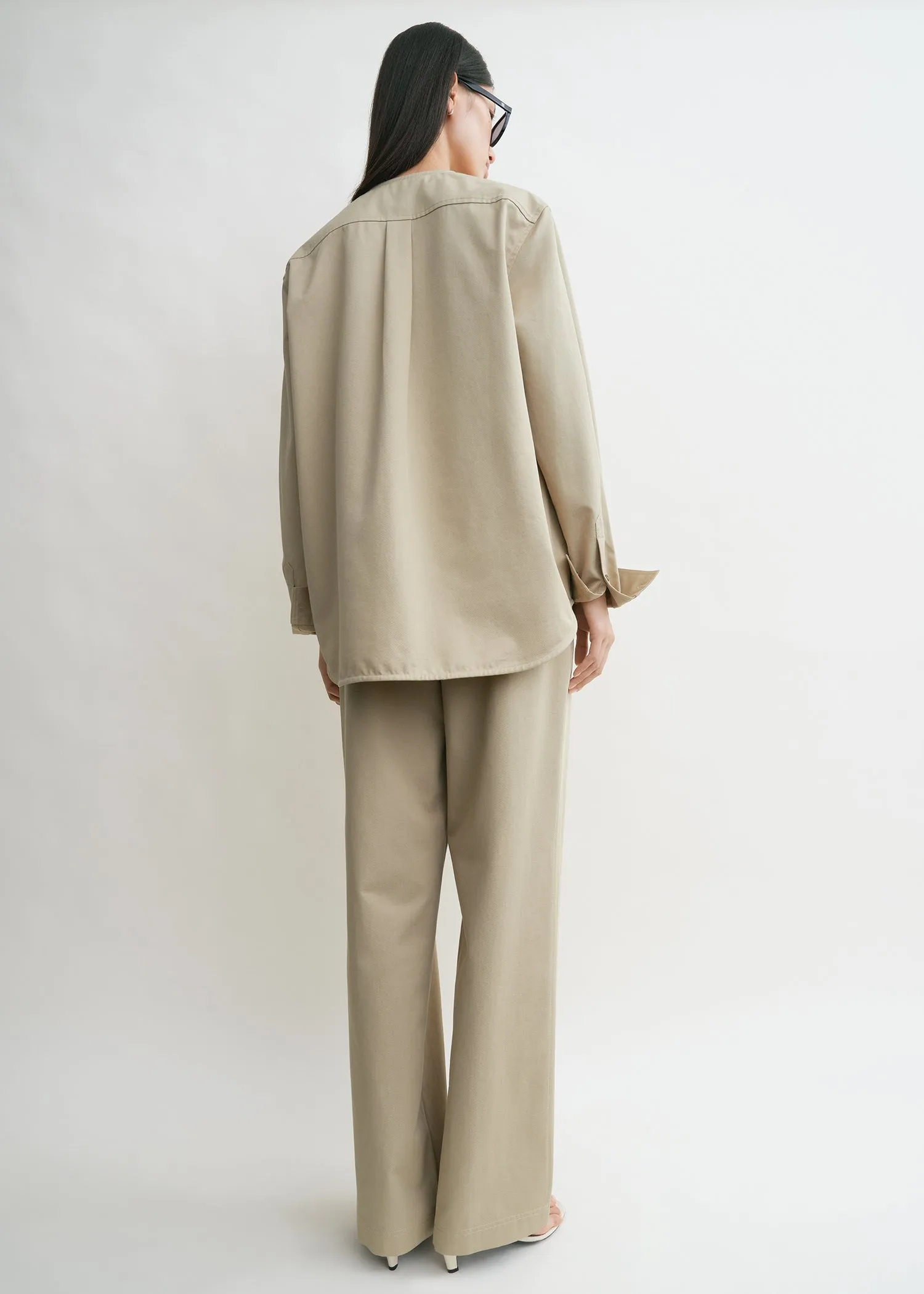 Collarless cotton-twill shirt desert