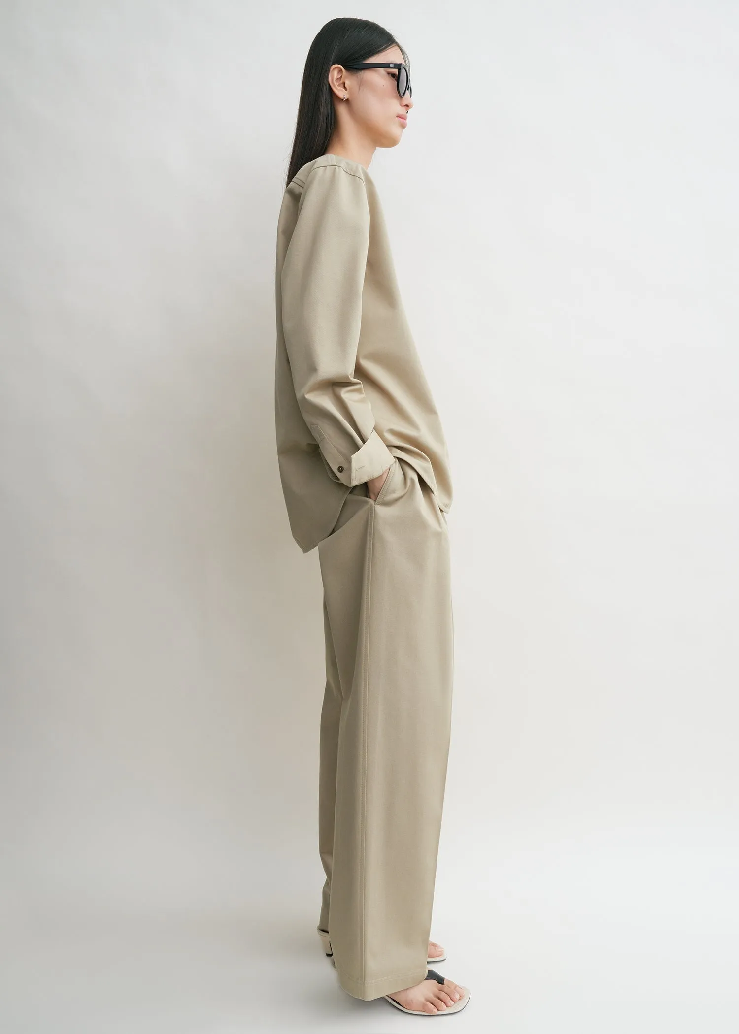 Collarless cotton-twill shirt desert