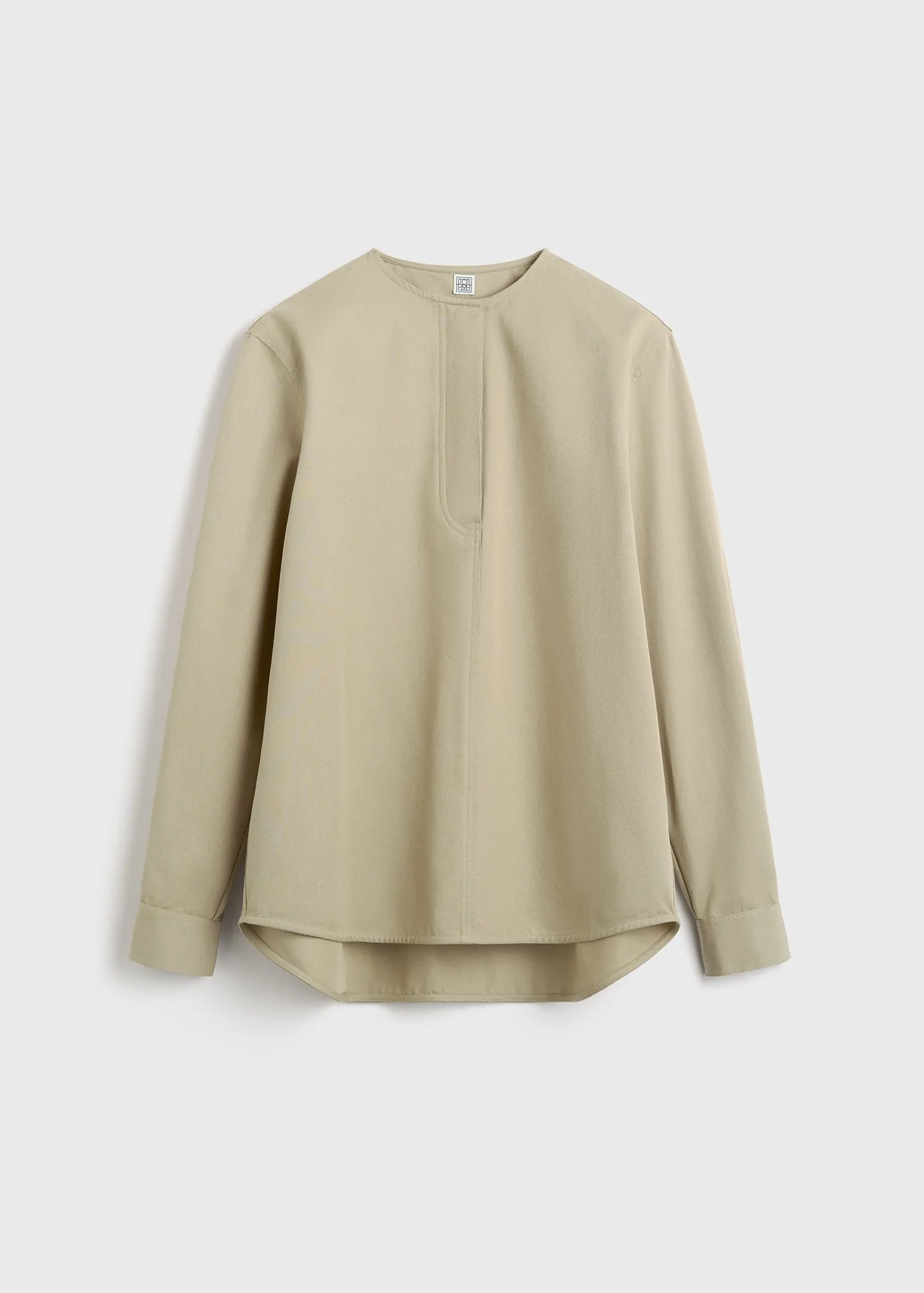 Collarless cotton-twill shirt desert