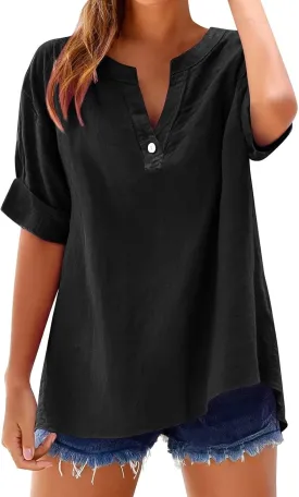 Cotton Linen Shirts for Women 2025 Summer Short Sleeve V Neck Button Down Tops Dressy Casual Oversized Tshirts