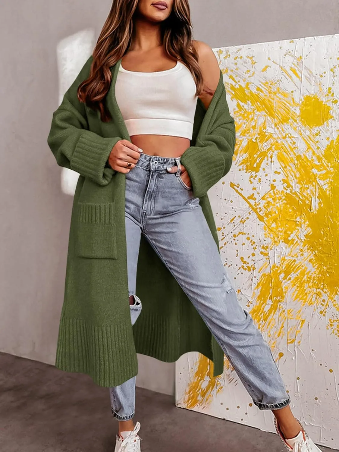 Danedvi Long Cardigan Sweaters for Women 2025 Fall Open Front Knit Oversized Cardigans Duster Coat with Pockets