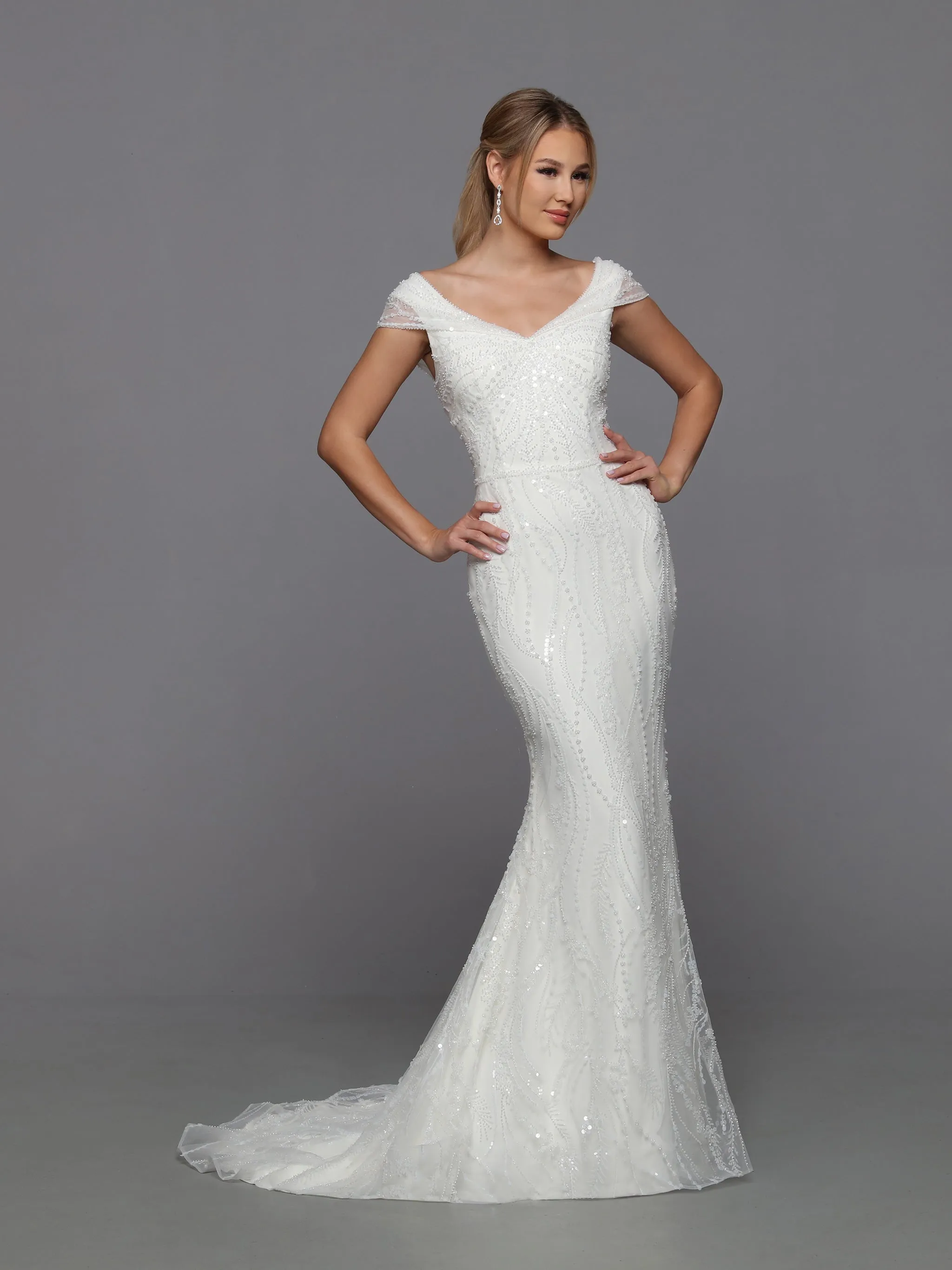 Davinci Bridal 50762 Long Beaded Sequin Mermaid Bridal Gown Overskirt off Shoulder Cap sleeve