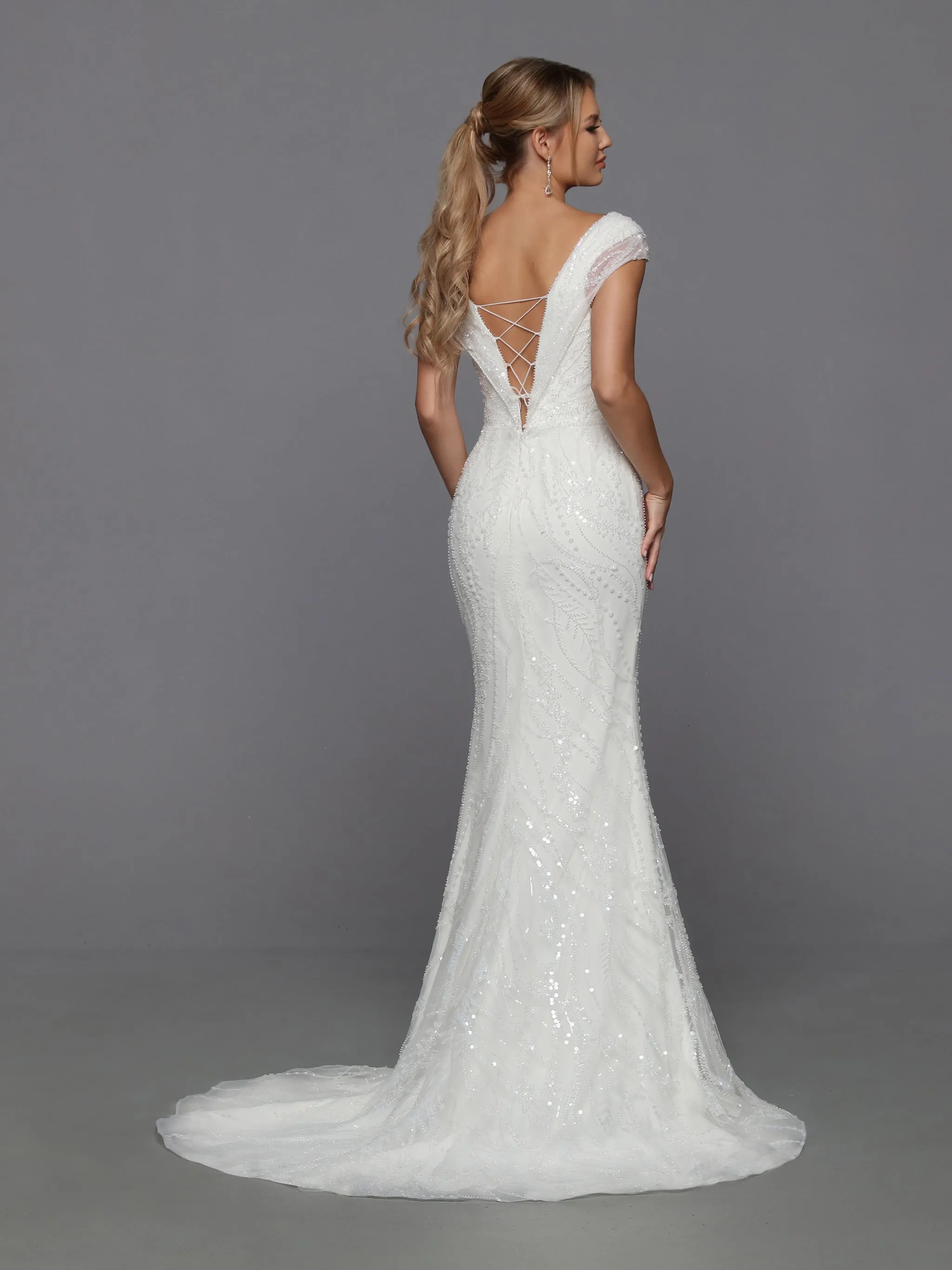 Davinci Bridal 50762 Long Beaded Sequin Mermaid Bridal Gown Overskirt off Shoulder Cap sleeve