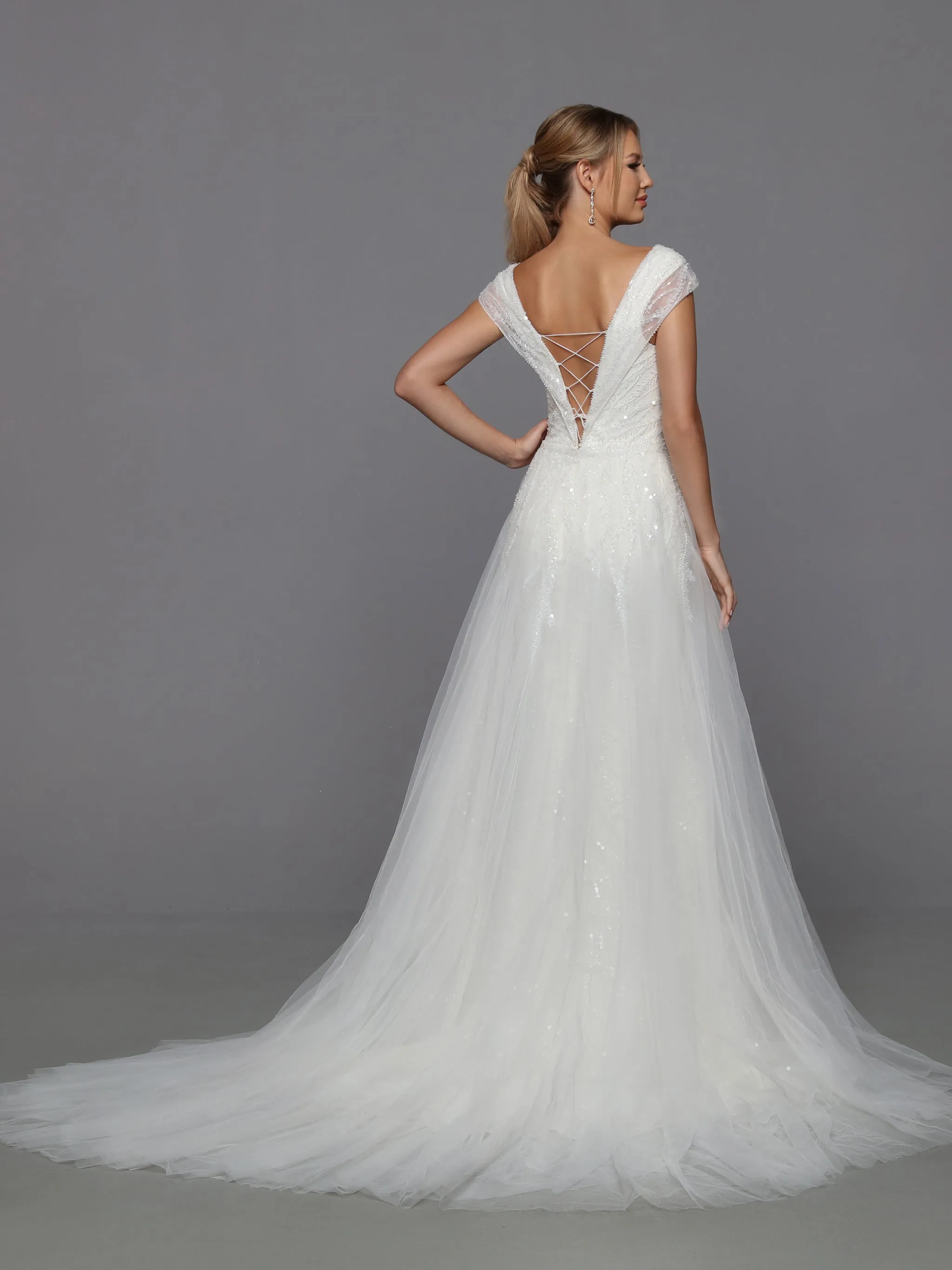 Davinci Bridal 50762 Long Beaded Sequin Mermaid Bridal Gown Overskirt off Shoulder Cap sleeve