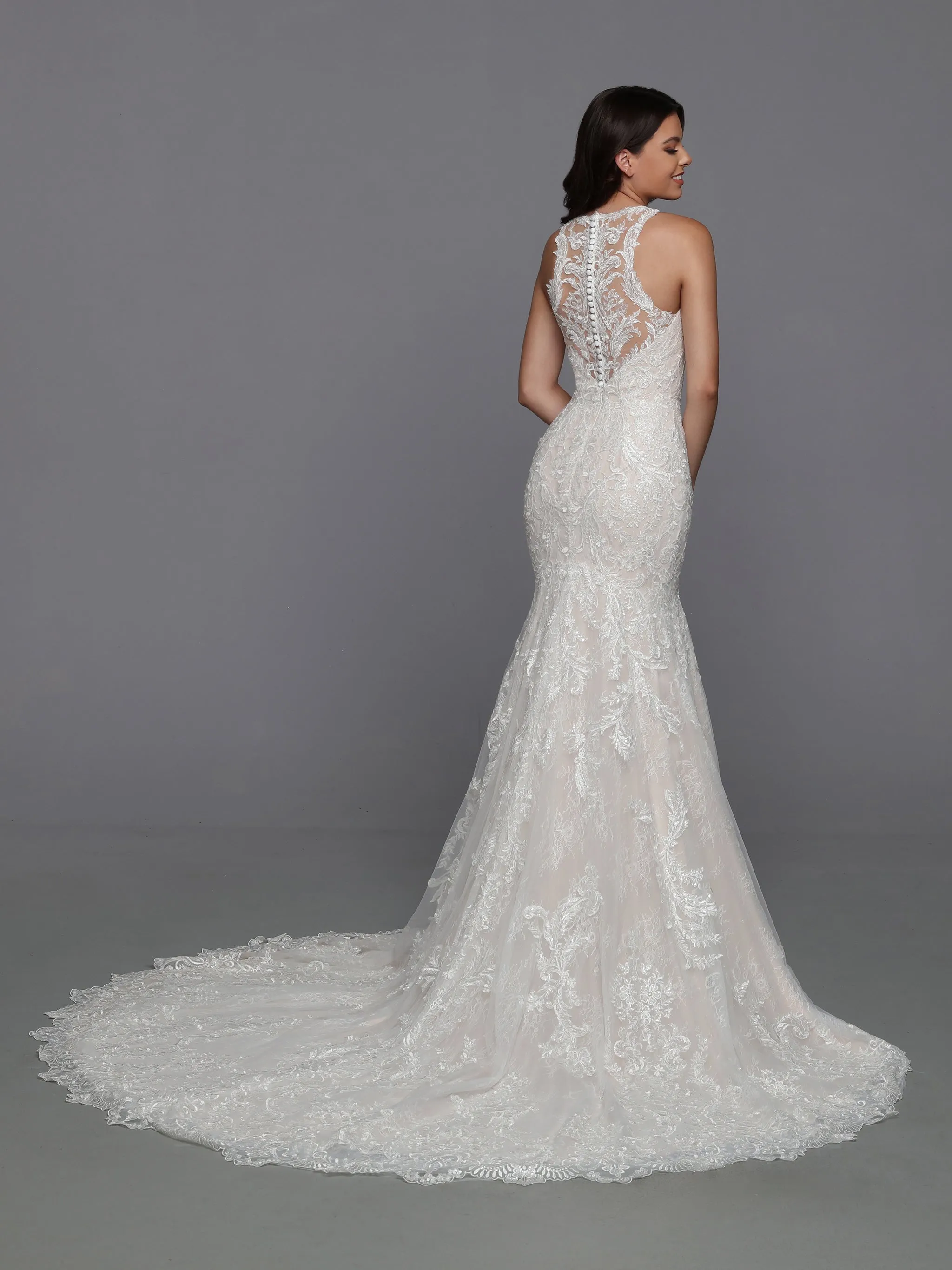 DaVinci Bridal 50783 Mermaid Fit And Flare Lace V-Neck Detachable Train Wedding Gown