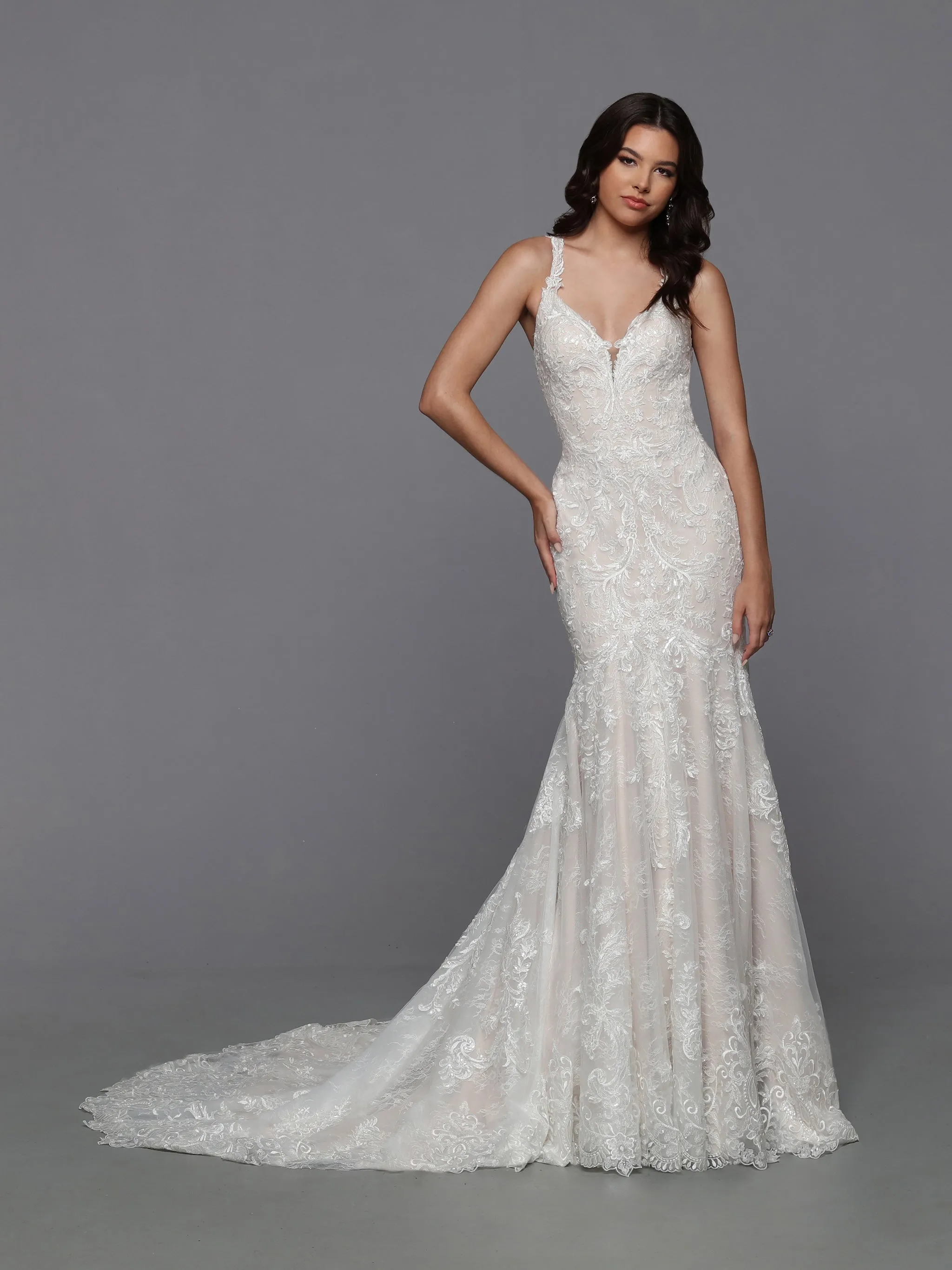 DaVinci Bridal 50783 Mermaid Fit And Flare Lace V-Neck Detachable Train Wedding Gown