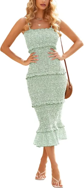 dowerme Women Summer Casual Floral Midi Smocked Bodycon Dresses Spaghetti Strap Square Neck Ruffle Mermaid Prom Dress