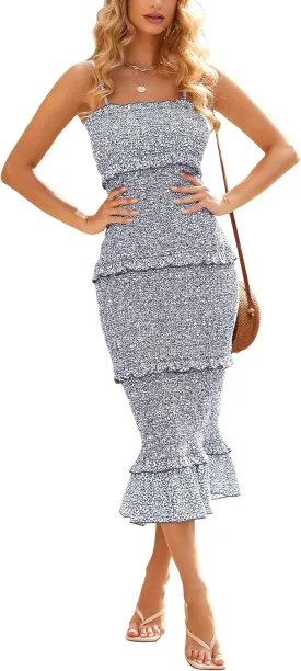 dowerme Women Summer Casual Floral Midi Smocked Bodycon Dresses Spaghetti Strap Square Neck Ruffle Mermaid Prom Dress